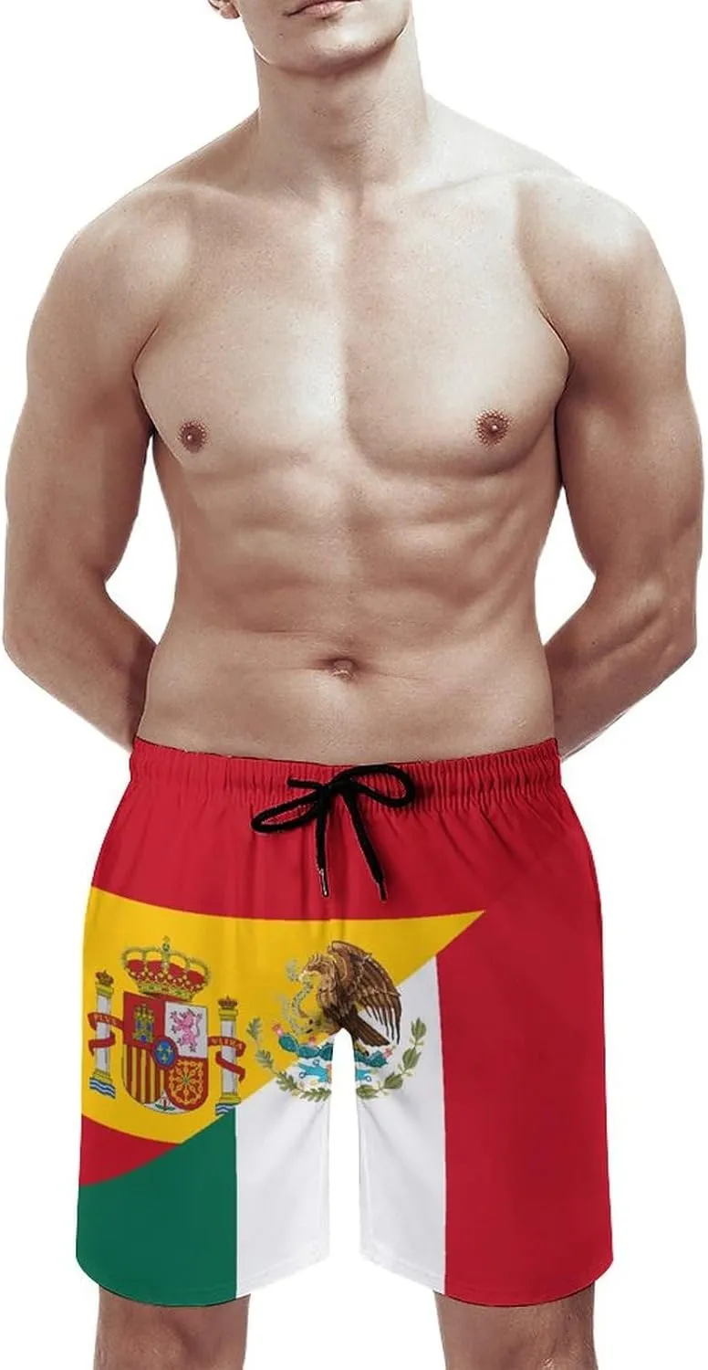 Flag of Spain and Mexico Men's Swim Trunks Quick Dry Bathing Suit Swimming Board Shorts Beach Swimwear