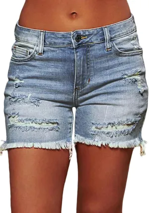 Flamingals Ripped Stretchy Jean Shorts for Women Raw Hem Mid Waist Casual Trendy Denim Shorts