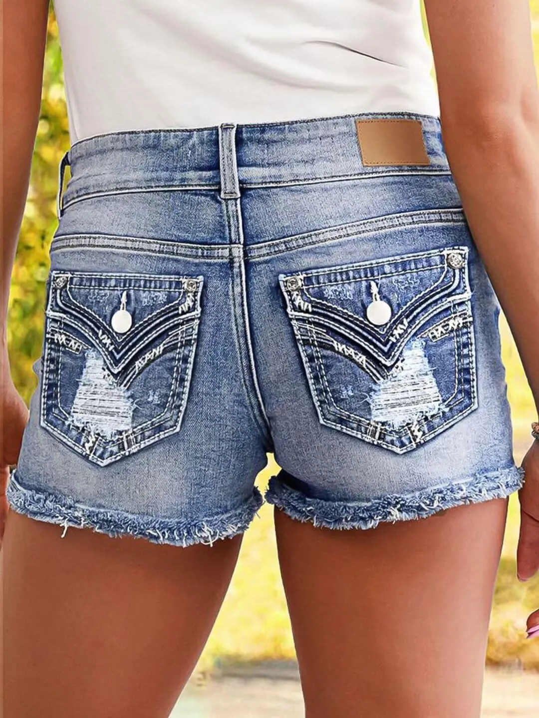 Flamingals Ripped Stretchy Jean Shorts for Women Raw Hem Mid Waist Casual Trendy Denim Shorts