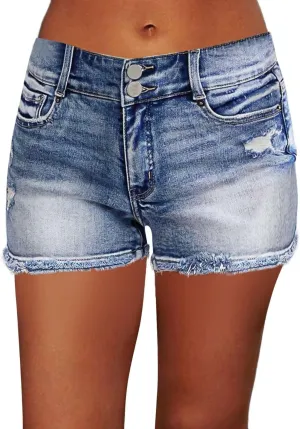 Flamingals Ripped Stretchy Jean Shorts for Women Raw Hem Mid Waist Casual Trendy Denim Shorts