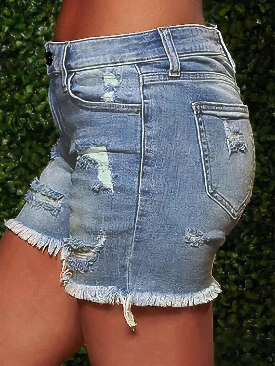 Flamingals Ripped Stretchy Jean Shorts for Women Raw Hem Mid Waist Casual Trendy Denim Shorts