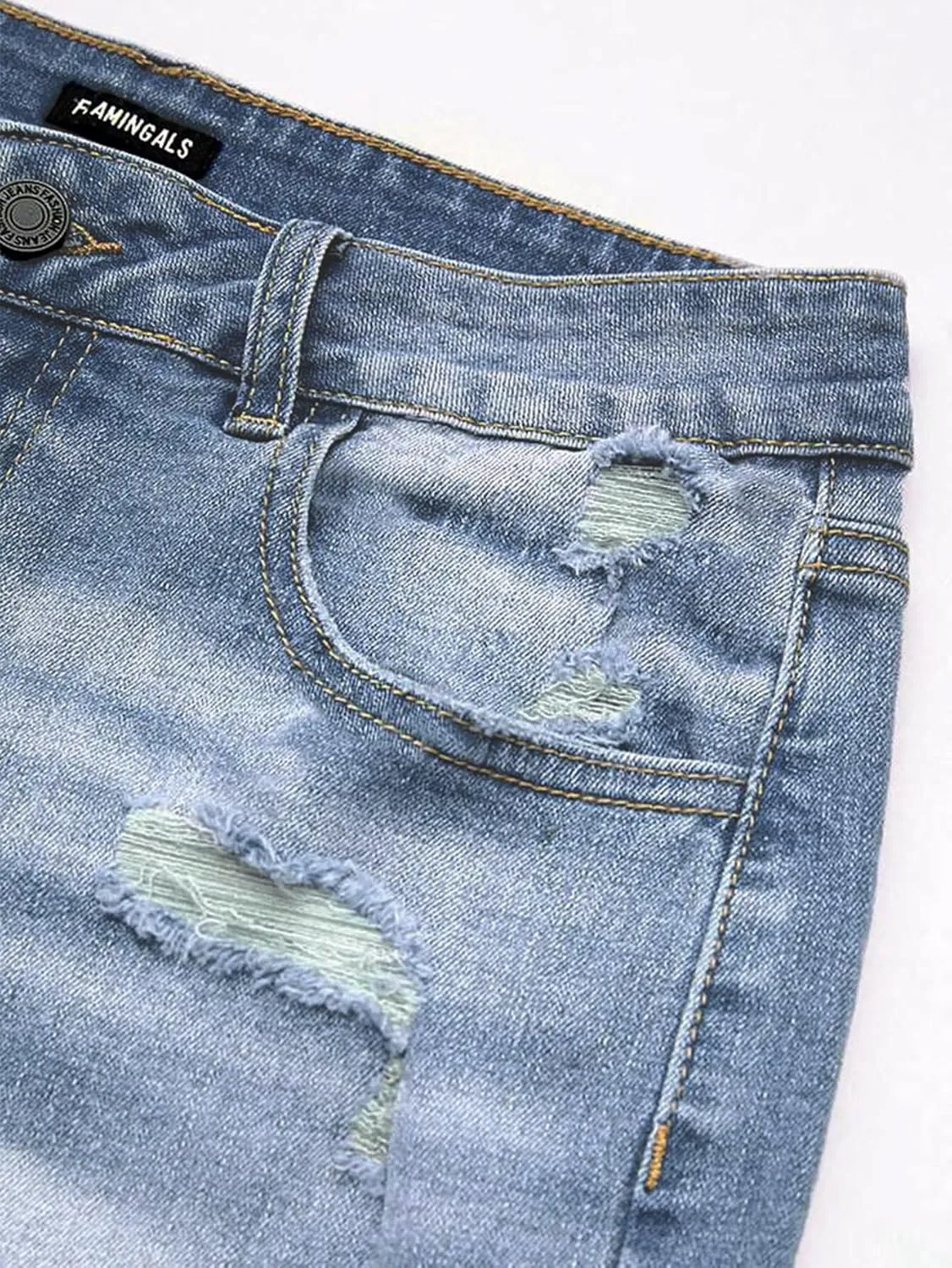 Flamingals Ripped Stretchy Jean Shorts for Women Raw Hem Mid Waist Casual Trendy Denim Shorts