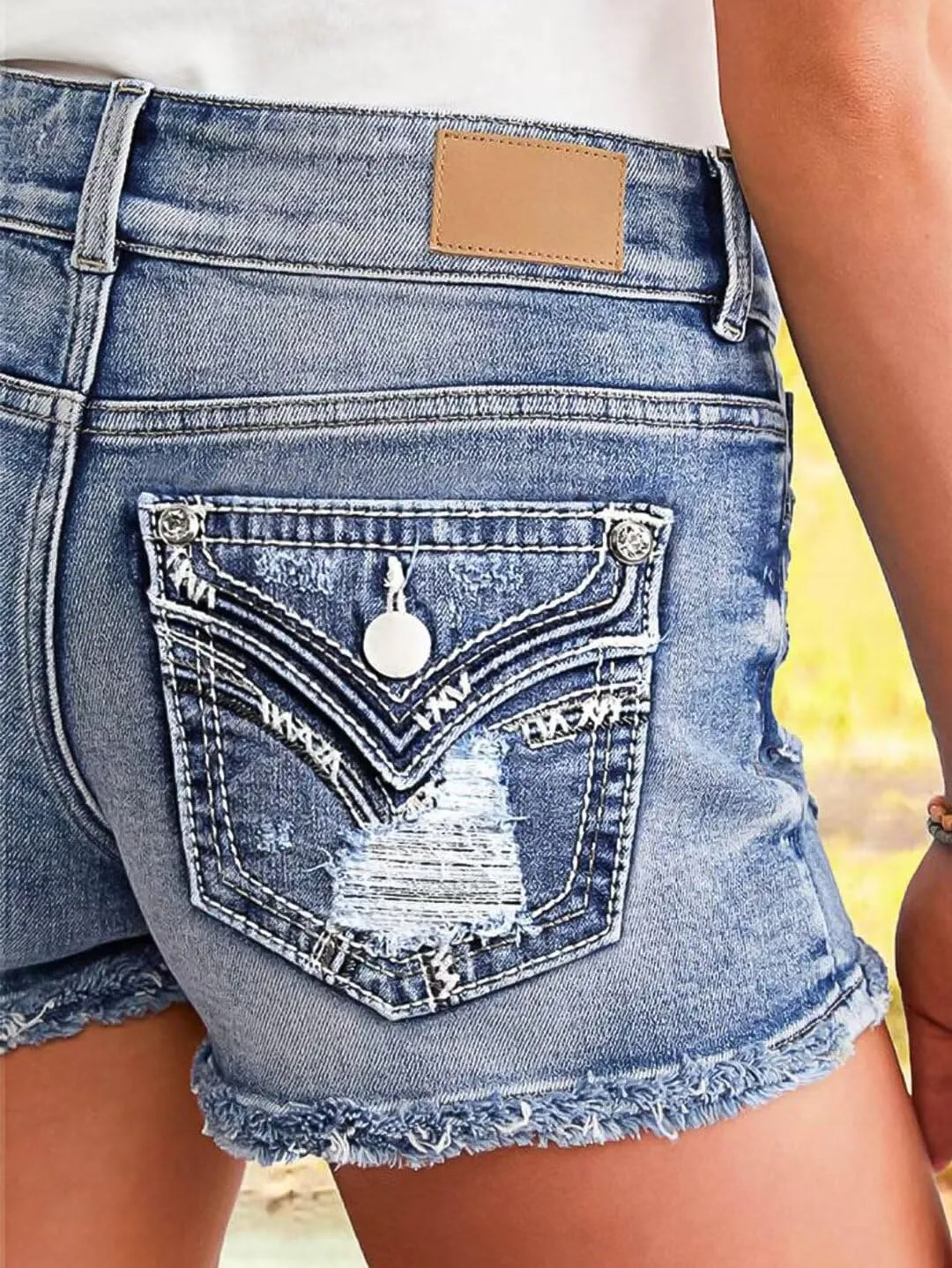 Flamingals Ripped Stretchy Jean Shorts for Women Raw Hem Mid Waist Casual Trendy Denim Shorts