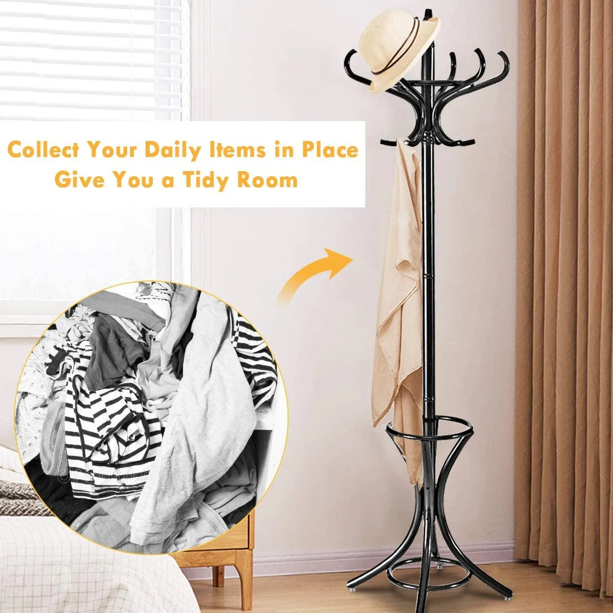 Floor Standing Hat Coat Wood Hanger w/ Umbrella Rack Prestige-Black