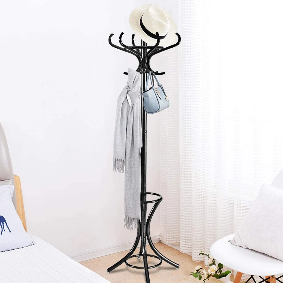 Floor Standing Hat Coat Wood Hanger w/ Umbrella Rack Prestige-Black