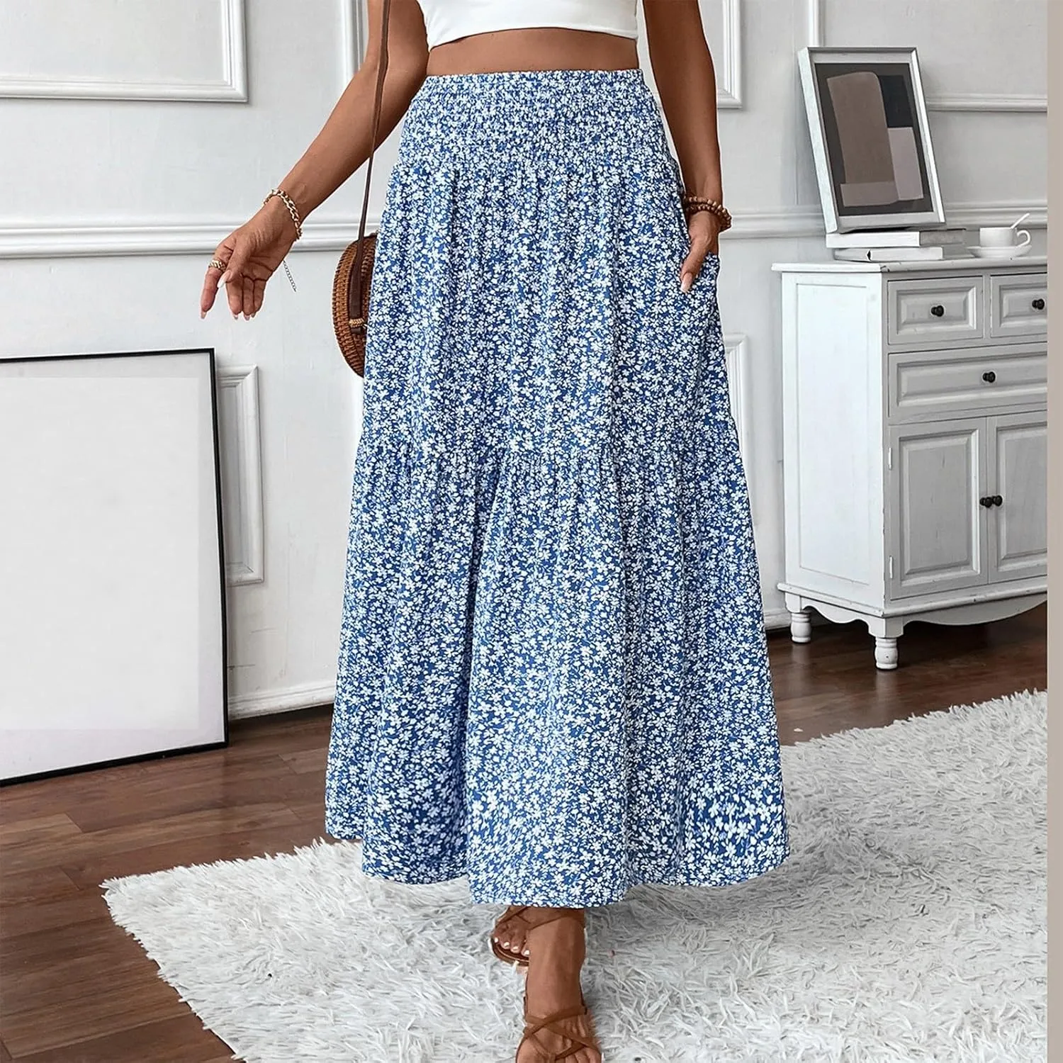 Floral Skirts for Women Summer Loose Casual Trendy Solid Elastic Waist Lightweight Boho Flowy Maxi Skirt, S-XL