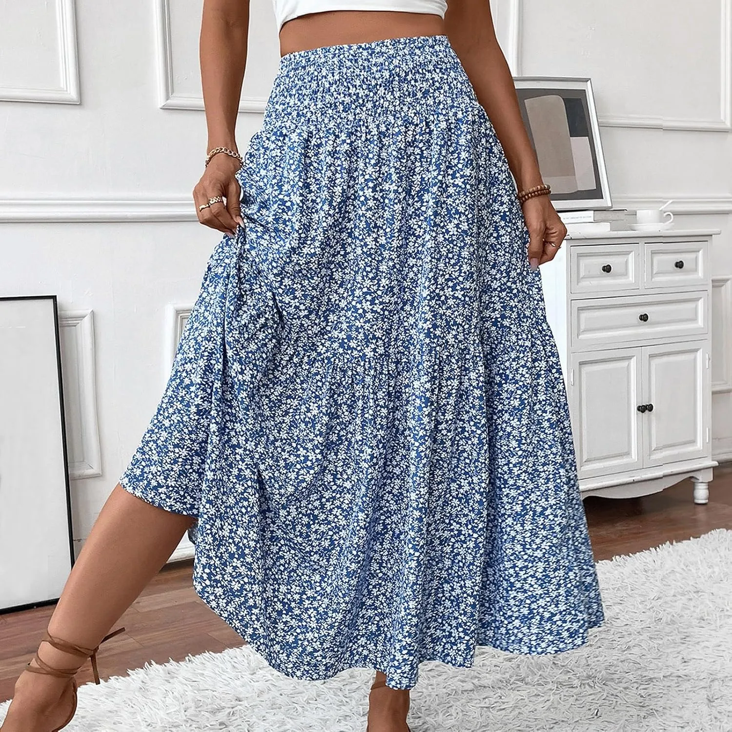 Floral Skirts for Women Summer Loose Casual Trendy Solid Elastic Waist Lightweight Boho Flowy Maxi Skirt, S-XL