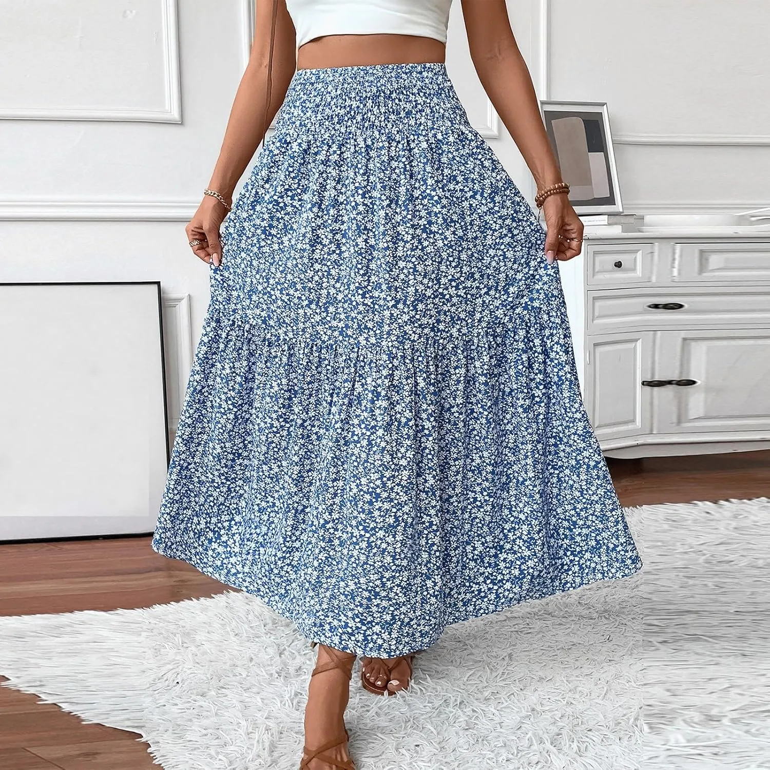 Floral Skirts for Women Summer Loose Casual Trendy Solid Elastic Waist Lightweight Boho Flowy Maxi Skirt, S-XL