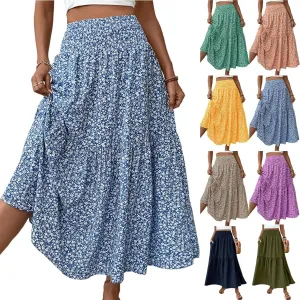 Floral Skirts for Women Summer Loose Casual Trendy Solid Elastic Waist Lightweight Boho Flowy Maxi Skirt, S-XL