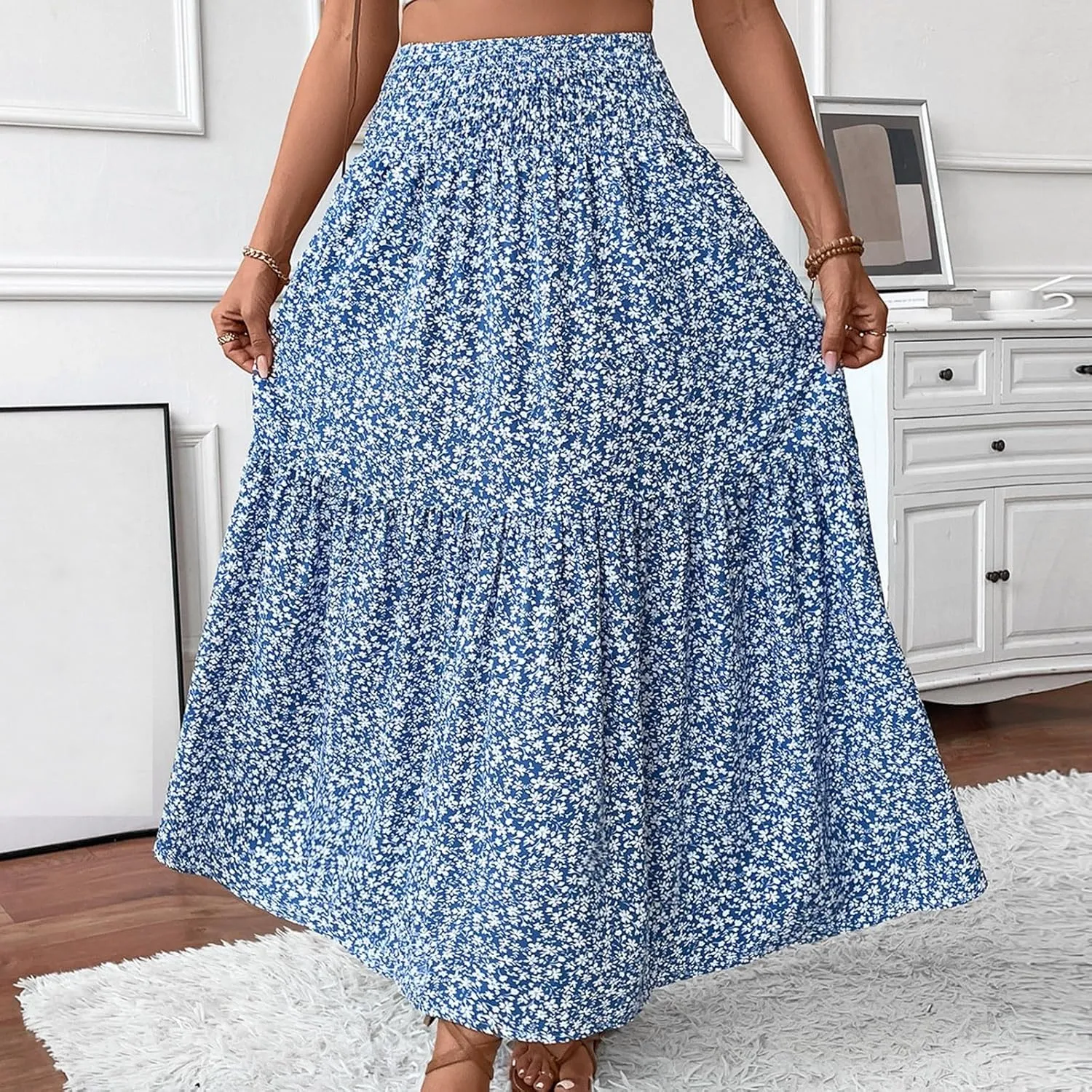 Floral Skirts for Women Summer Loose Casual Trendy Solid Elastic Waist Lightweight Boho Flowy Maxi Skirt, S-XL