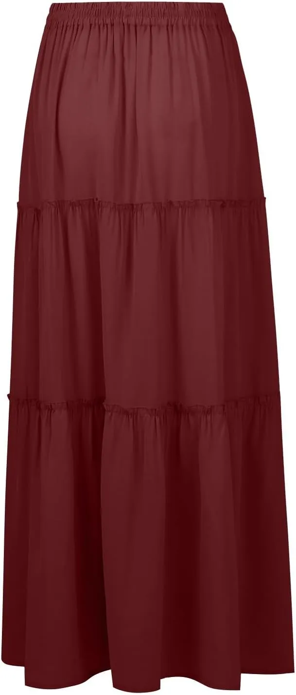 Flowy Tiered Maxi Skirts for Women 2025 Trendy Summer Vacation Boho Floral Skirt Elastic Drawstring A Line Skirt