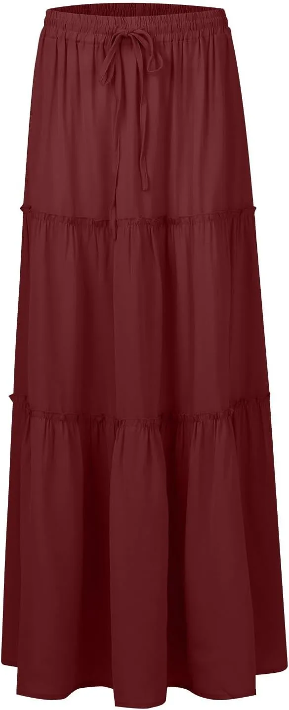 Flowy Tiered Maxi Skirts for Women 2025 Trendy Summer Vacation Boho Floral Skirt Elastic Drawstring A Line Skirt