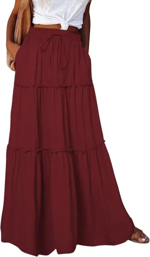 Flowy Tiered Maxi Skirts for Women 2025 Trendy Summer Vacation Boho Floral Skirt Elastic Drawstring A Line Skirt