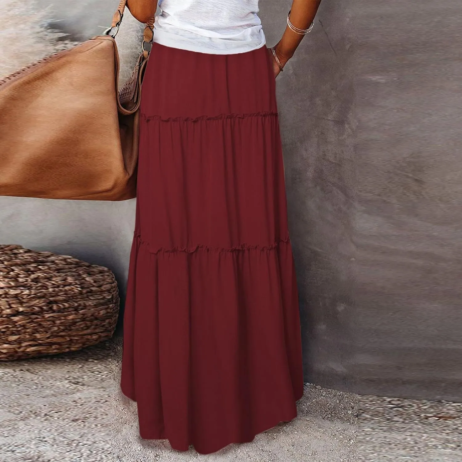 Flowy Tiered Maxi Skirts for Women 2025 Trendy Summer Vacation Boho Floral Skirt Elastic Drawstring A Line Skirt