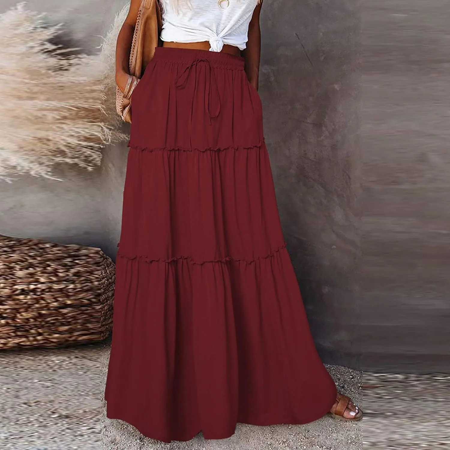 Flowy Tiered Maxi Skirts for Women 2025 Trendy Summer Vacation Boho Floral Skirt Elastic Drawstring A Line Skirt
