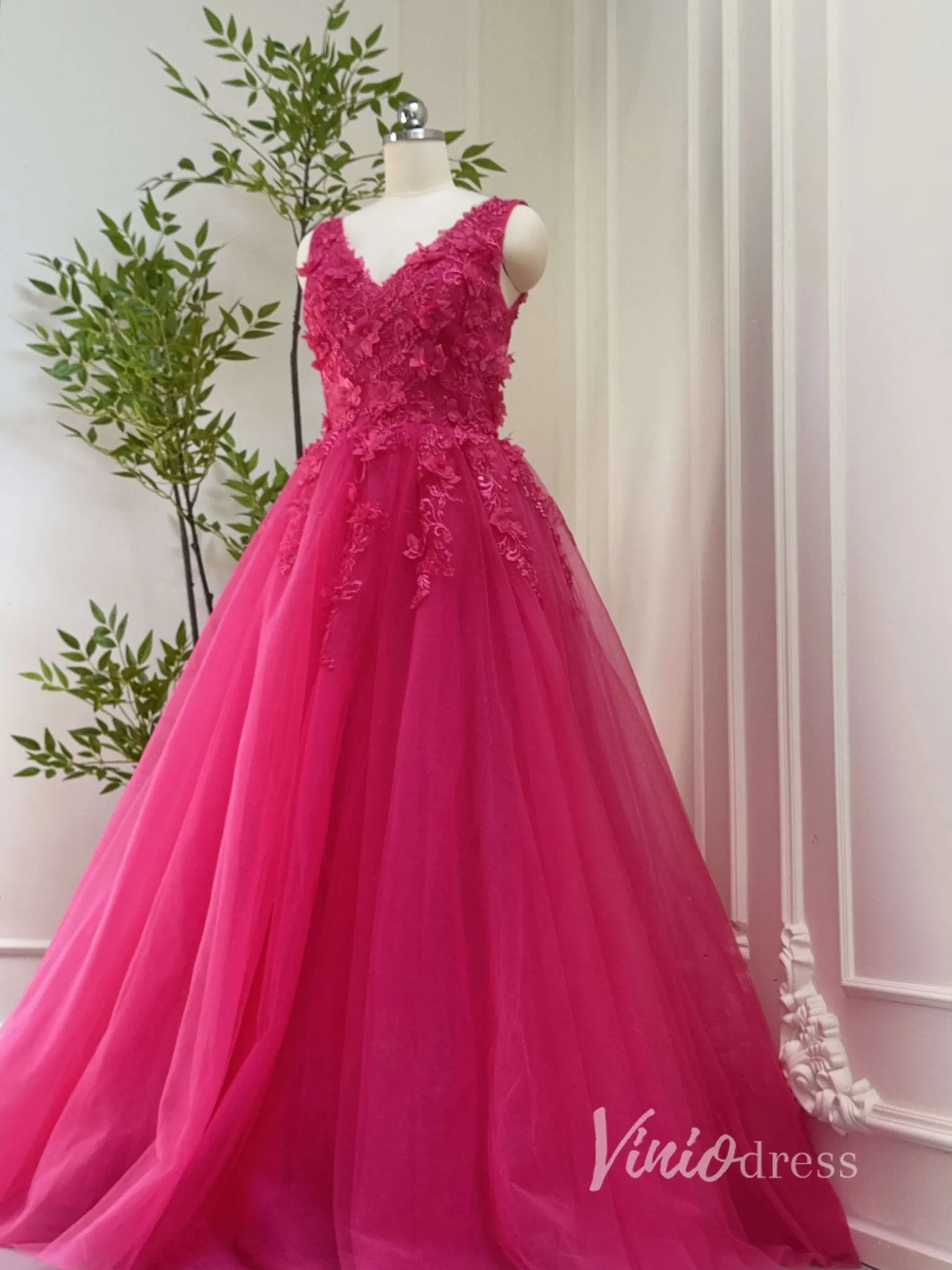 Fuchsia Tulle Prom Dresses V-neck,Lace Appliqued,Backless 80001