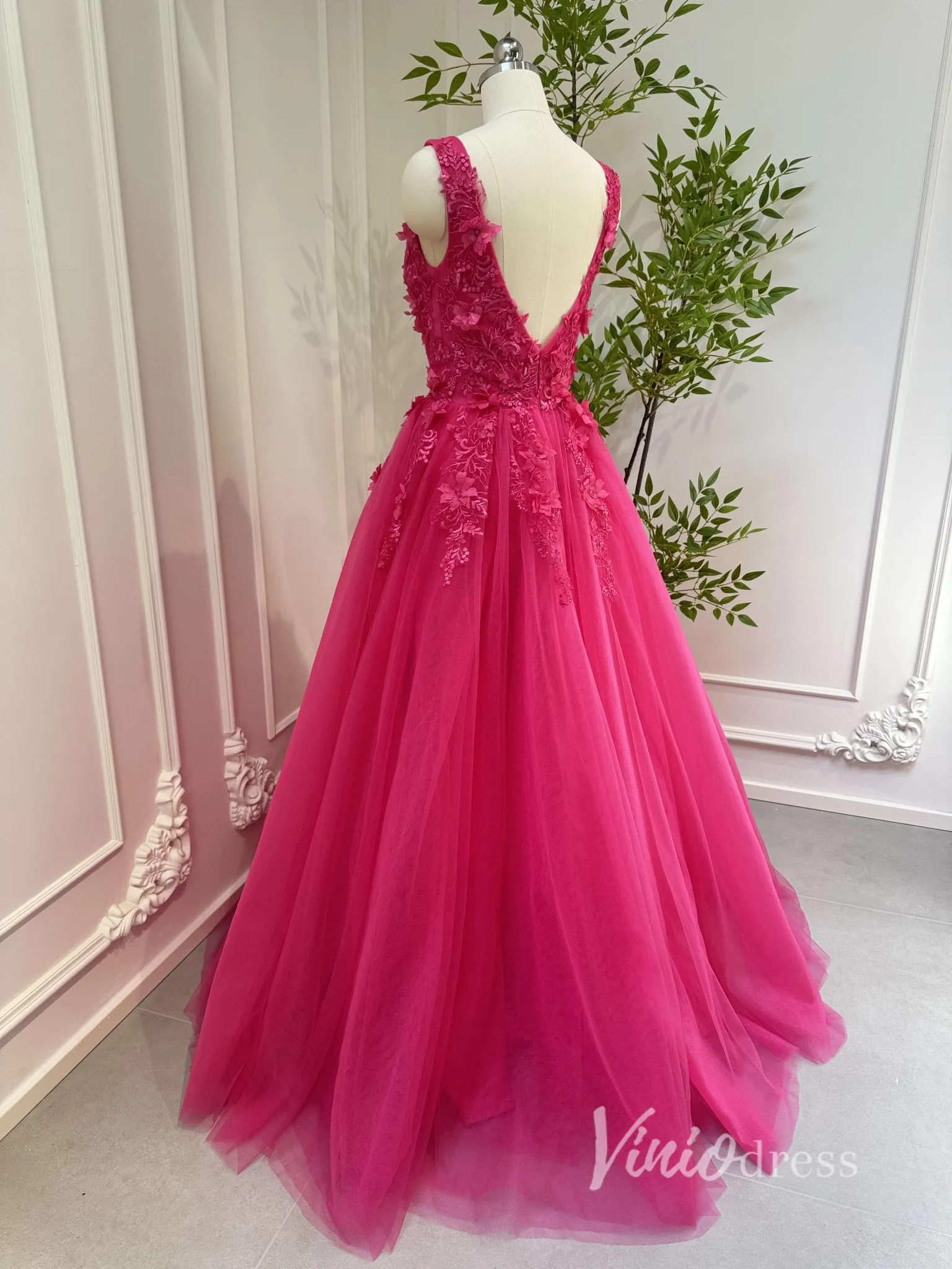 Fuchsia Tulle Prom Dresses V-neck,Lace Appliqued,Backless 80001