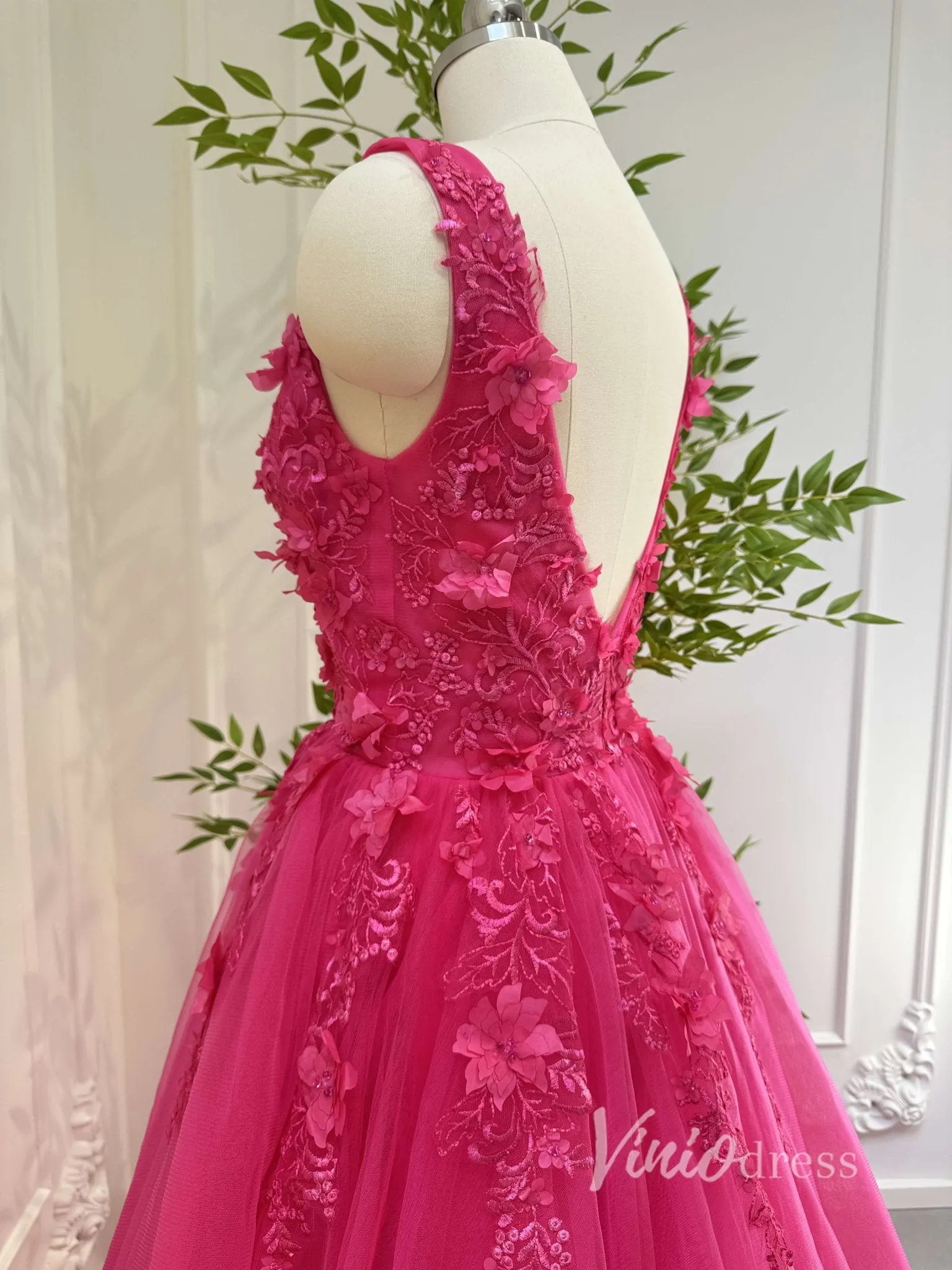 Fuchsia Tulle Prom Dresses V-neck,Lace Appliqued,Backless 80001