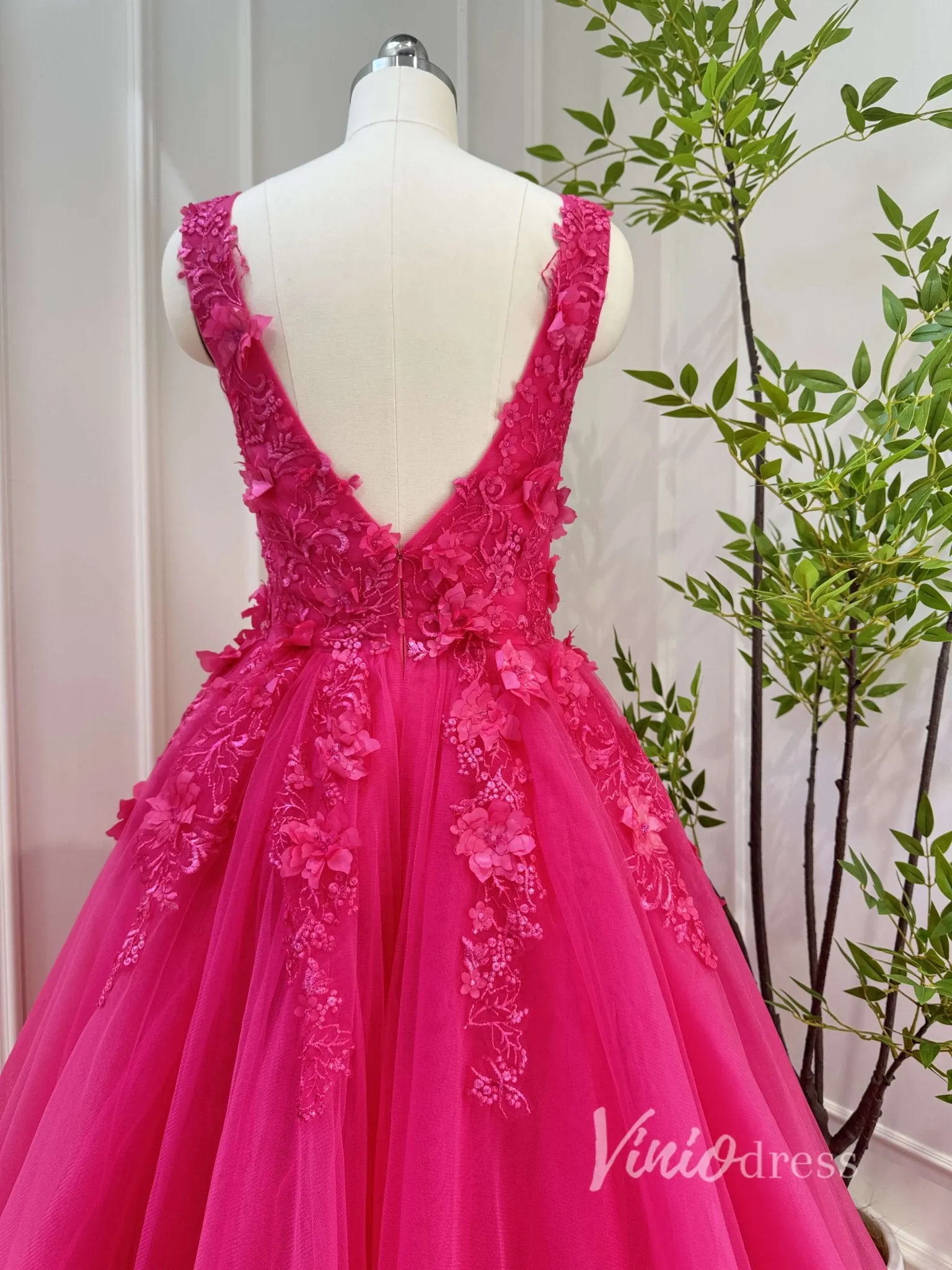 Fuchsia Tulle Prom Dresses V-neck,Lace Appliqued,Backless 80001