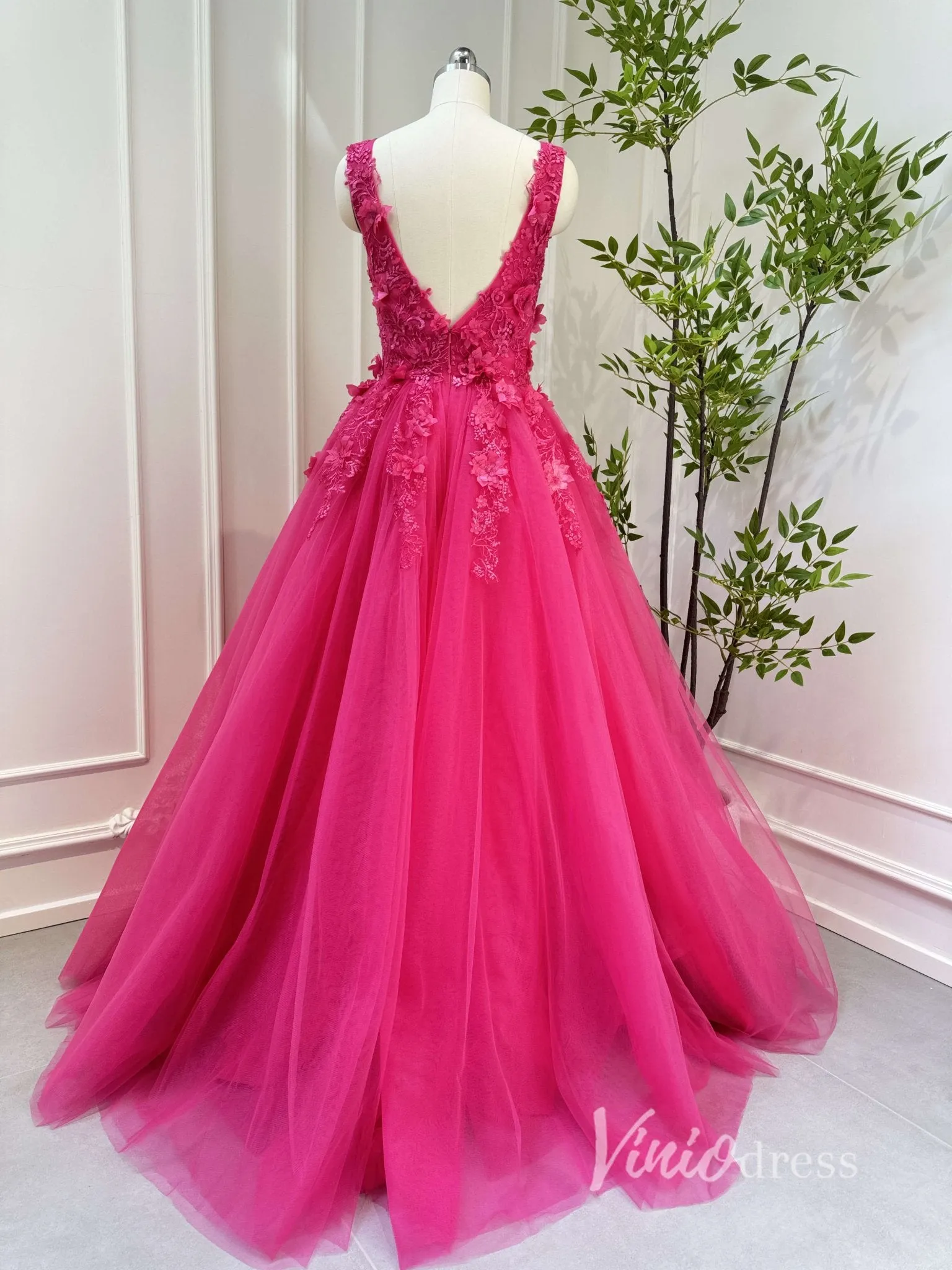 Fuchsia Tulle Prom Dresses V-neck,Lace Appliqued,Backless 80001