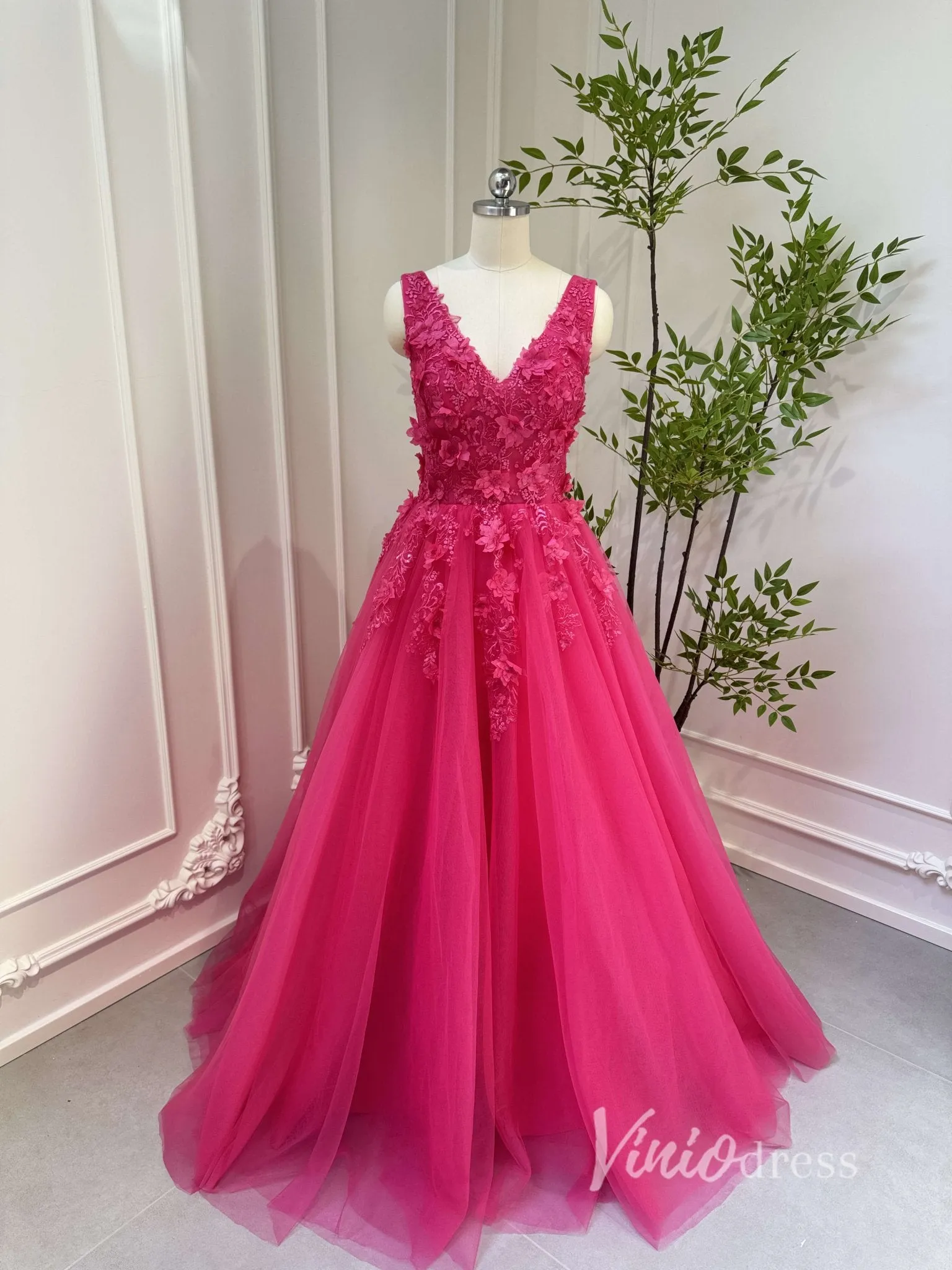 Fuchsia Tulle Prom Dresses V-neck,Lace Appliqued,Backless 80001