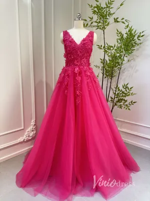 Fuchsia Tulle Prom Dresses V-neck,Lace Appliqued,Backless 80001