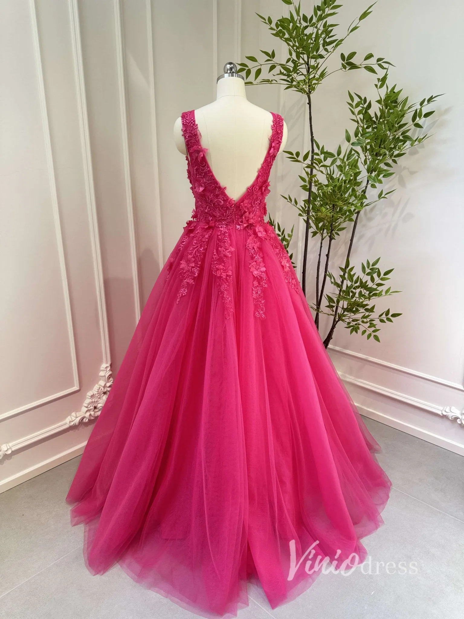 Fuchsia Tulle Prom Dresses V-neck,Lace Appliqued,Backless 80001
