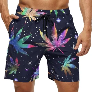Galaxy Weed Leaves Men's Swim Trunks Quick Dry Board Shorts Breathable Summer Beach Shorts Bathing Suits