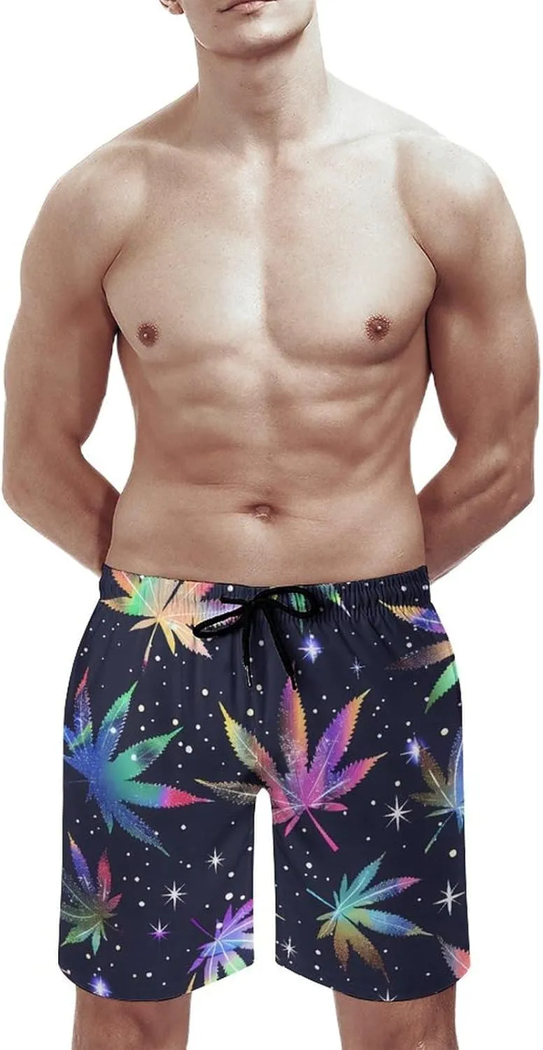 Galaxy Weed Leaves Men's Swim Trunks Quick Dry Board Shorts Breathable Summer Beach Shorts Bathing Suits