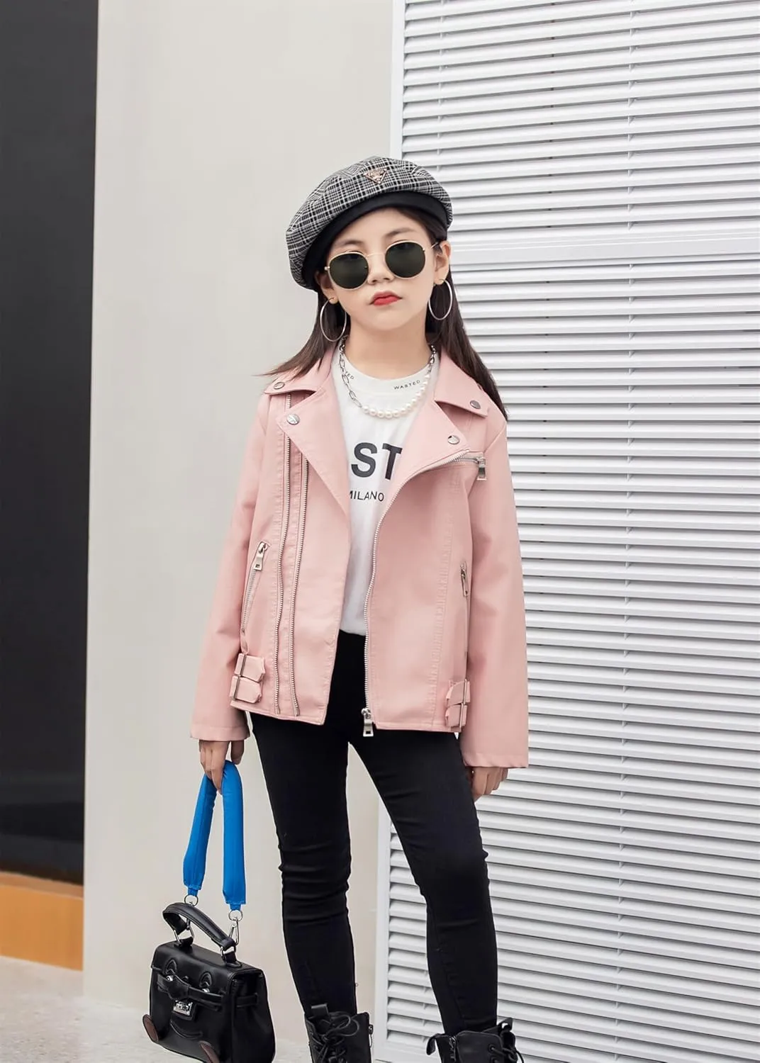 Girls Boys Biker Jacket Faux Leather Rivets Leather Motor Jacket Coat For Kids 3-16Years