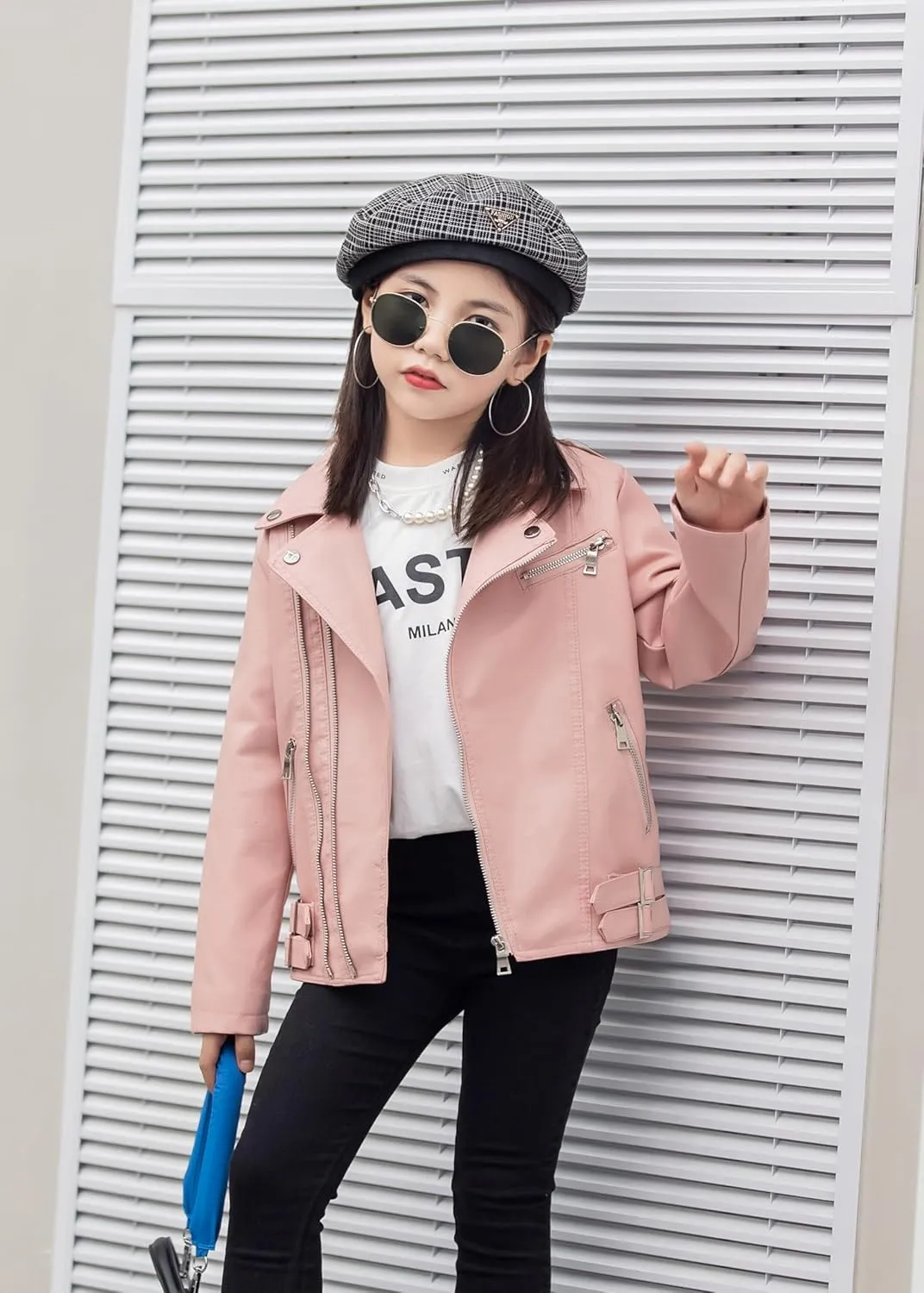 Girls Boys Biker Jacket Faux Leather Rivets Leather Motor Jacket Coat For Kids 3-16Years