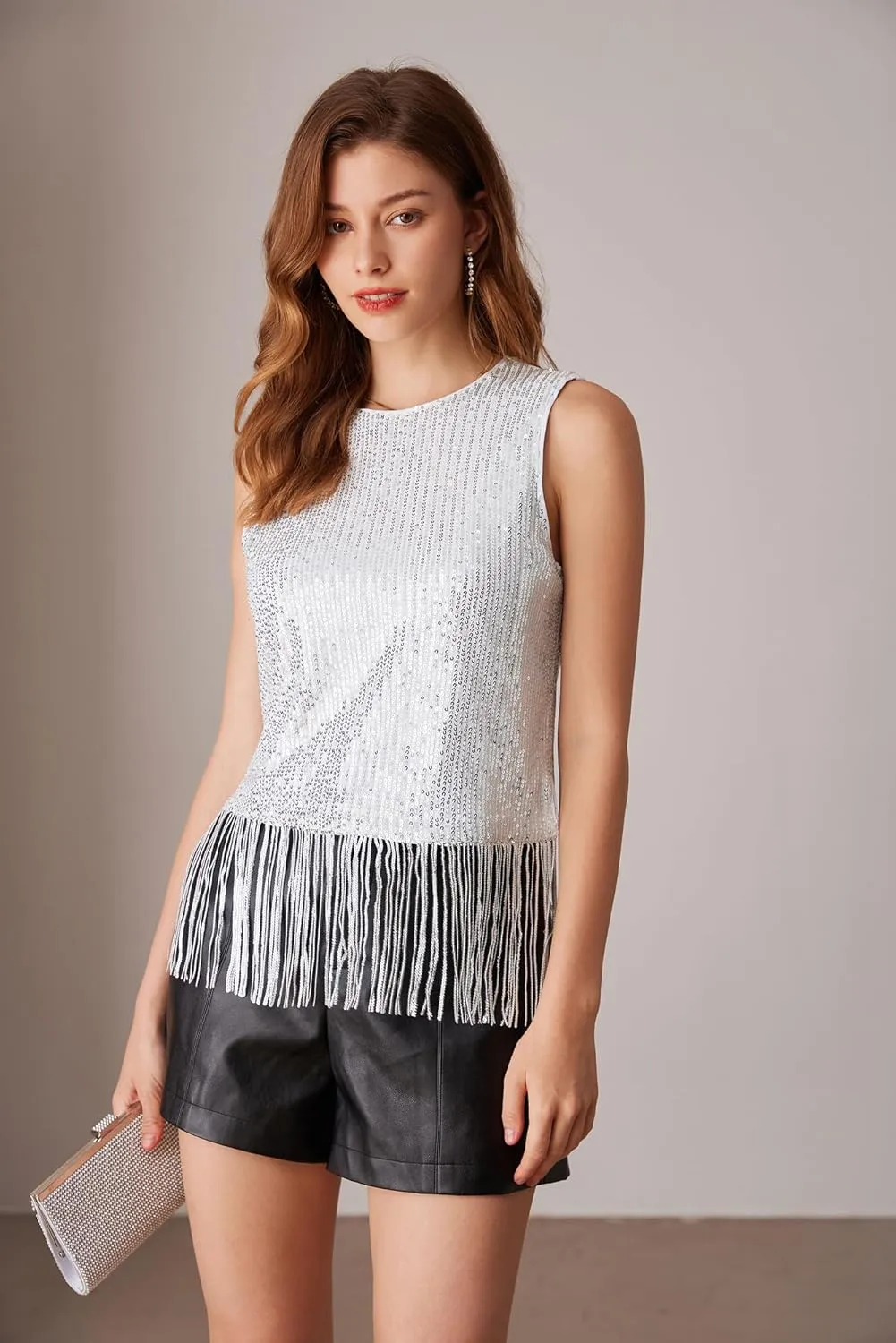 GRACE KARIN Sparkly Fringe Tops for Women Sleeveless Crewneck Tassel Sequin Tank Top Glitter Crop Party Shirt Cami Outfit