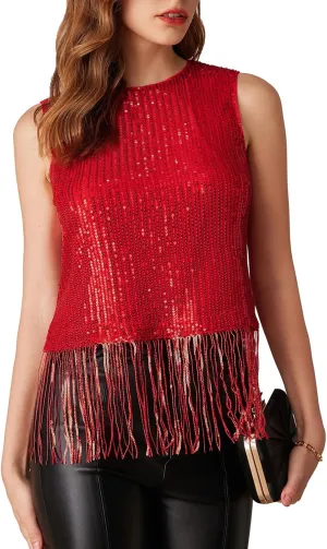 GRACE KARIN Sparkly Fringe Tops for Women Sleeveless Crewneck Tassel Sequin Tank Top Glitter Crop Party Shirt Cami Outfit