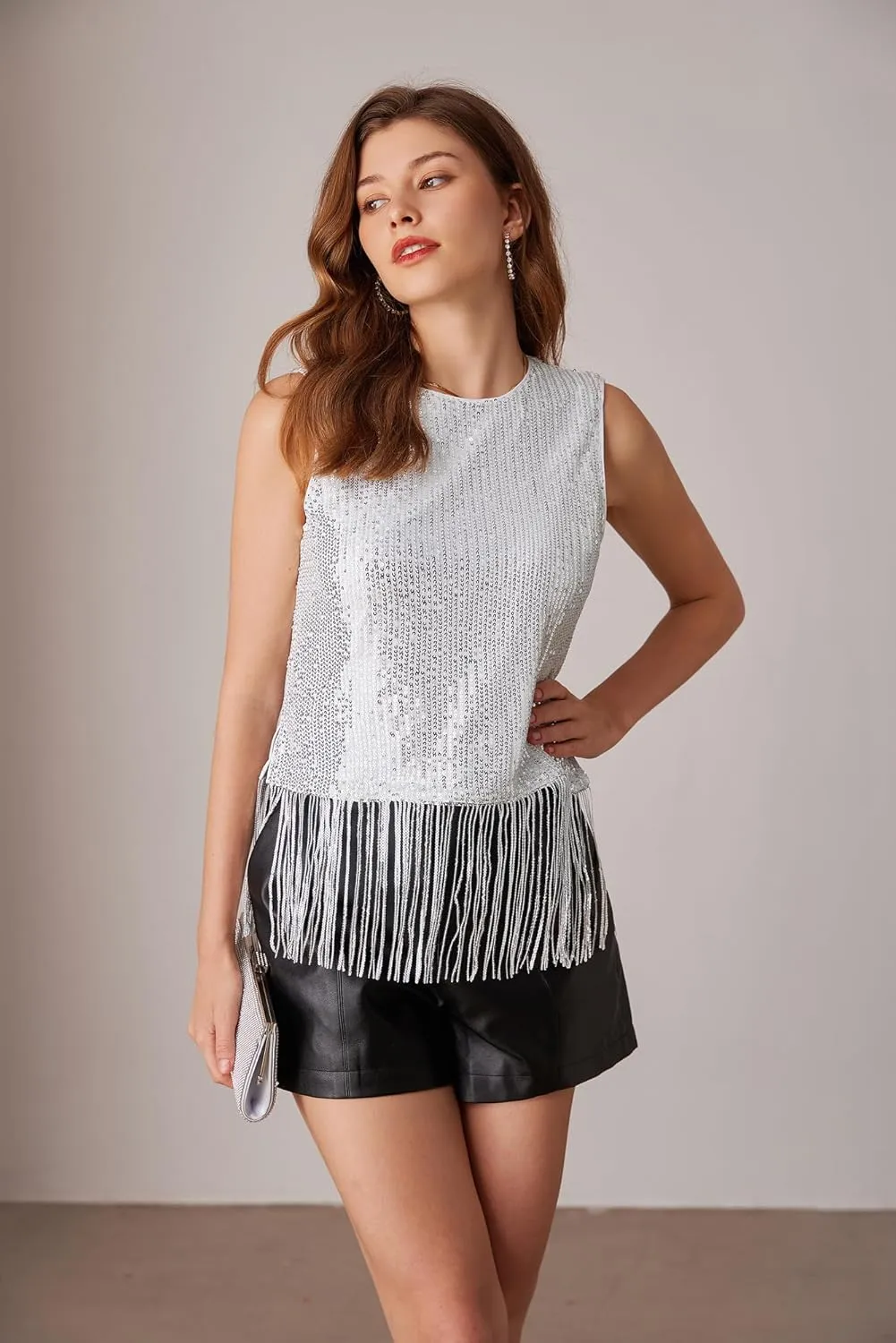 GRACE KARIN Sparkly Fringe Tops for Women Sleeveless Crewneck Tassel Sequin Tank Top Glitter Crop Party Shirt Cami Outfit