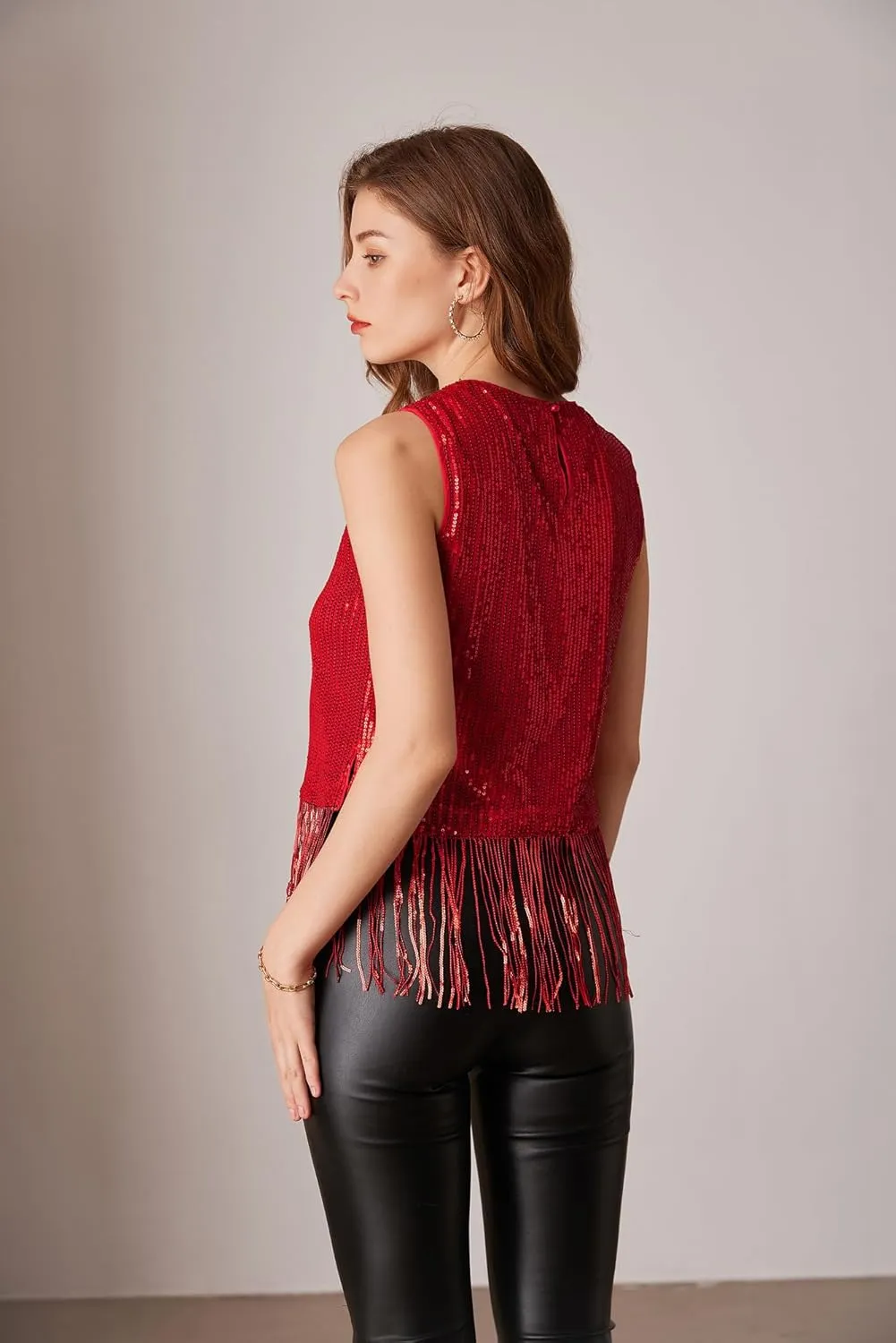 GRACE KARIN Sparkly Fringe Tops for Women Sleeveless Crewneck Tassel Sequin Tank Top Glitter Crop Party Shirt Cami Outfit
