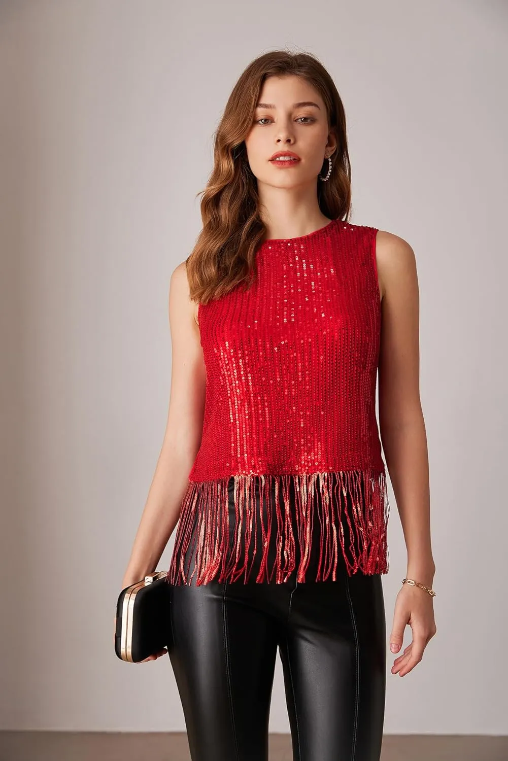 GRACE KARIN Sparkly Fringe Tops for Women Sleeveless Crewneck Tassel Sequin Tank Top Glitter Crop Party Shirt Cami Outfit