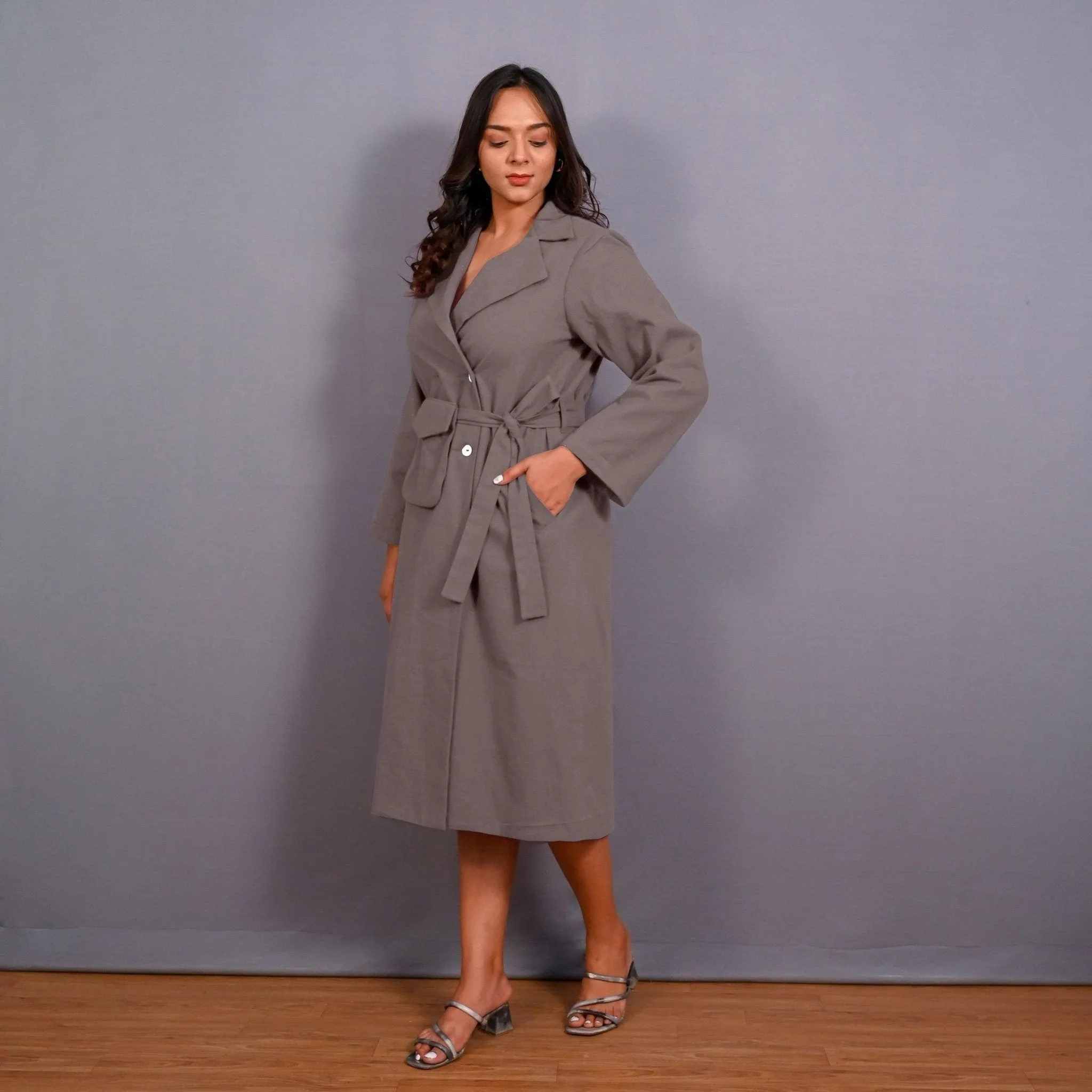 Grey Warm Cotton Flannel Midi Blazer Dress
