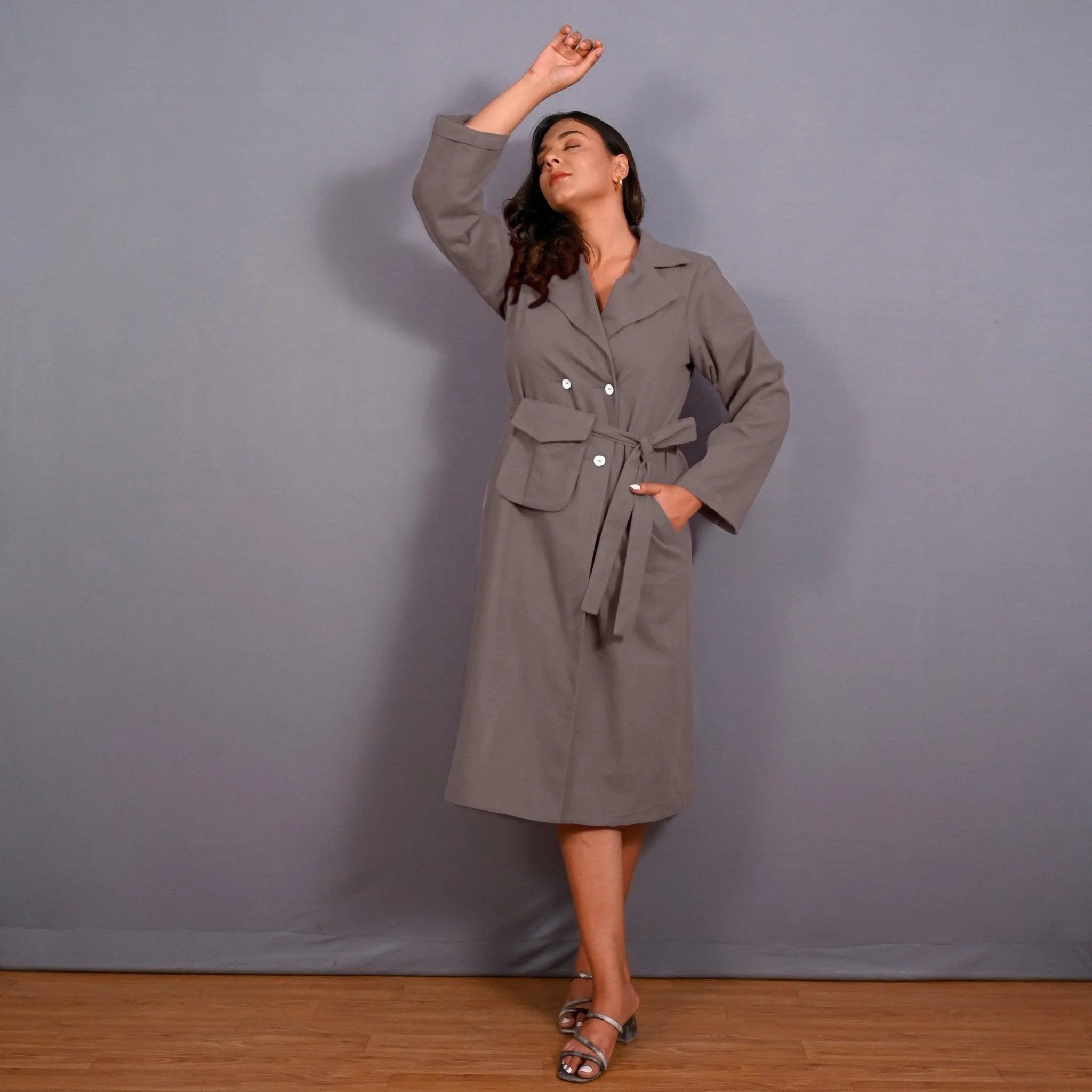 Grey Warm Cotton Flannel Midi Blazer Dress