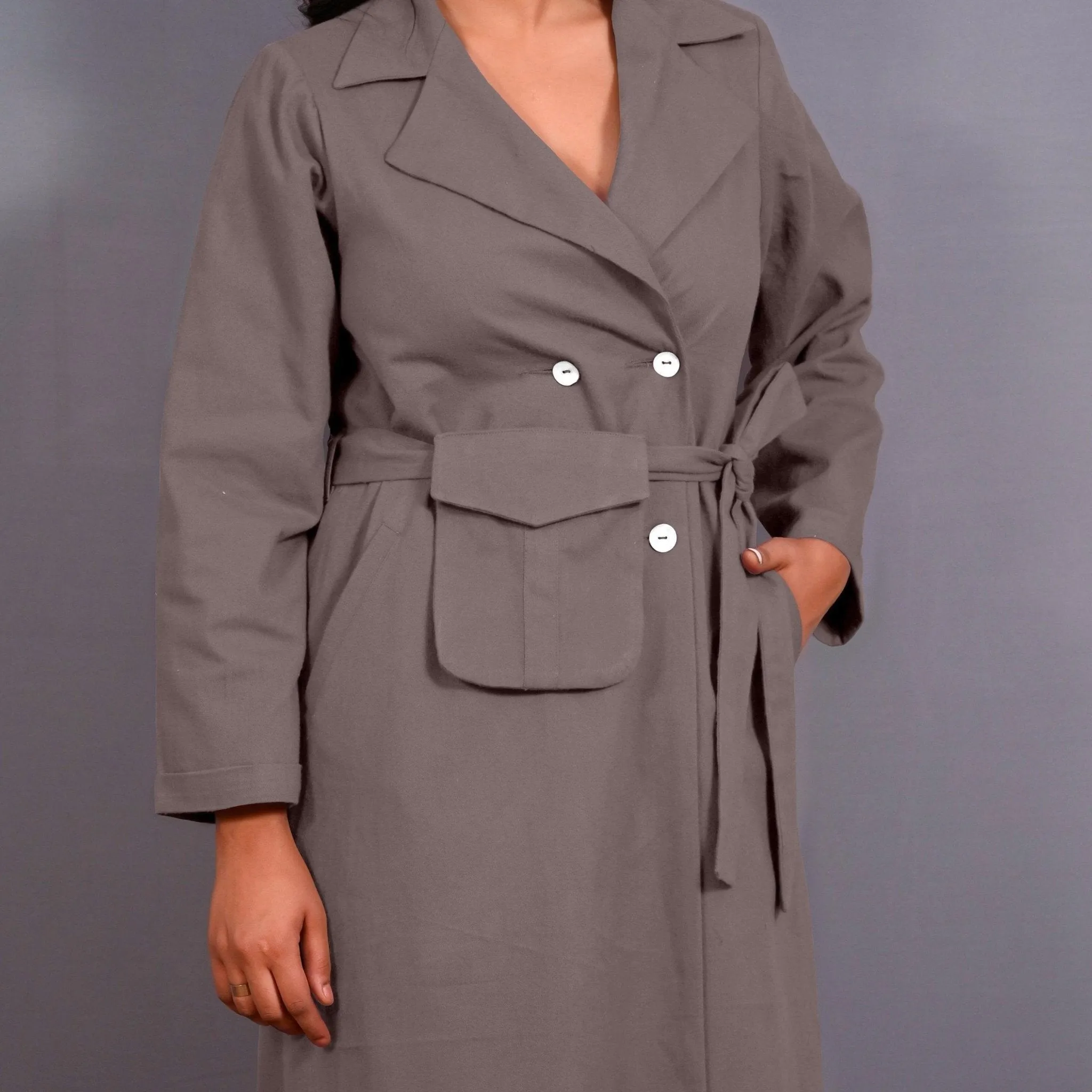 Grey Warm Cotton Flannel Midi Blazer Dress