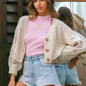 GypsyLady Floral Embroidery Sweater Cable Knitted Vintage Chic