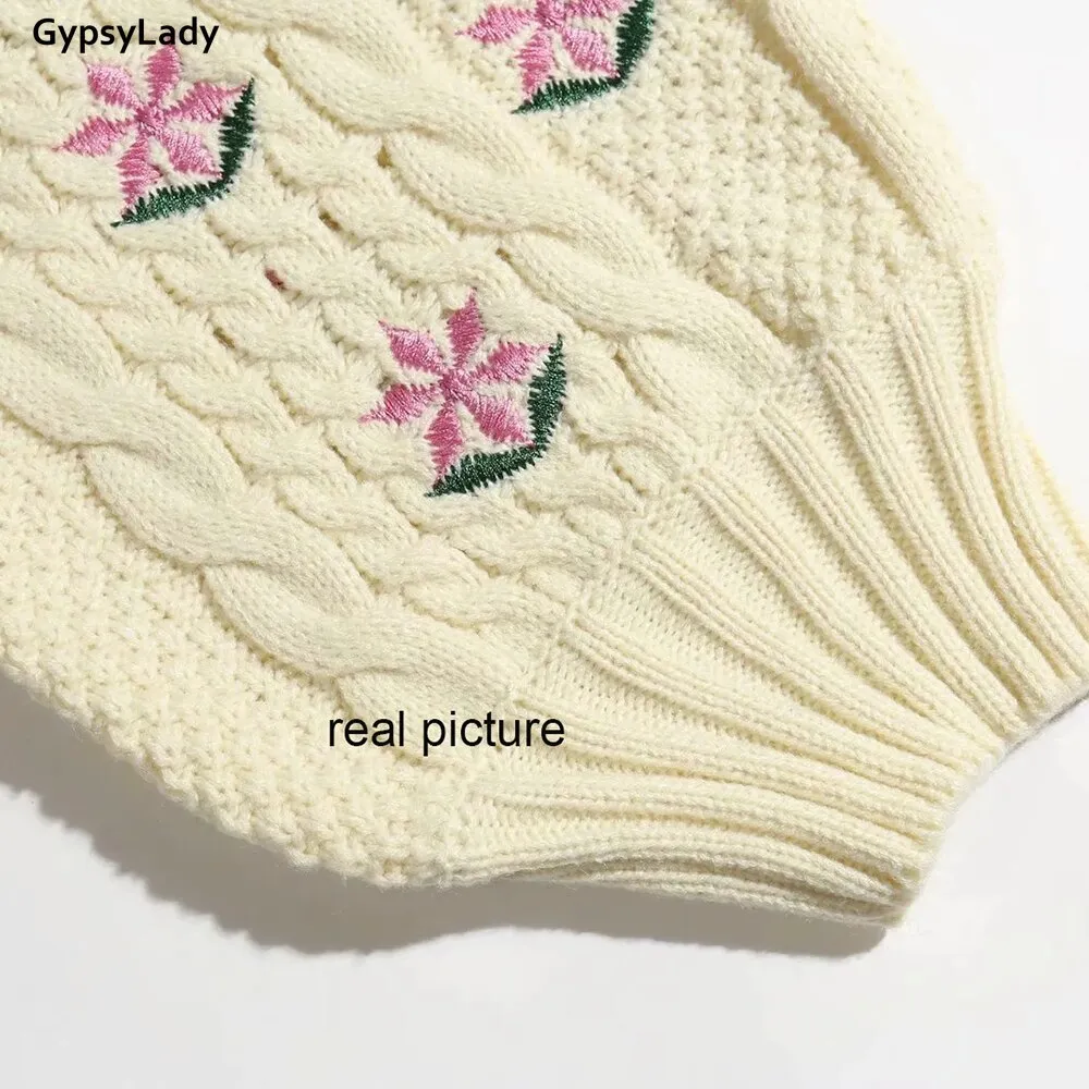 GypsyLady Floral Embroidery Sweater Cable Knitted Vintage Chic