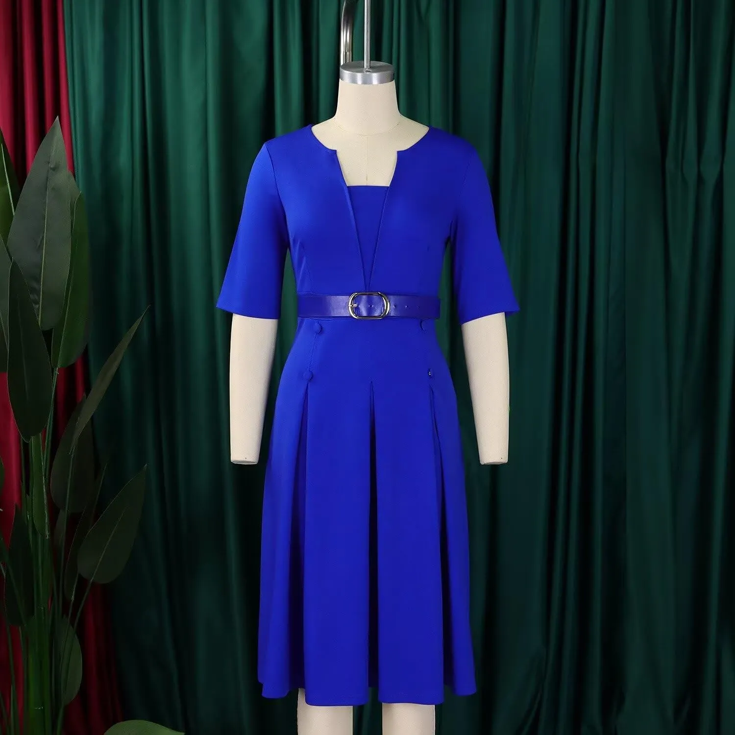 Half Sleeve Midi Dresses for Women 2025 Fashion Solid Color Pleated Dress Casual Plus Size V Neck Dress