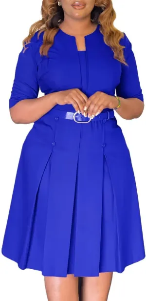 Half Sleeve Midi Dresses for Women 2025 Fashion Solid Color Pleated Dress Casual Plus Size V Neck Dress