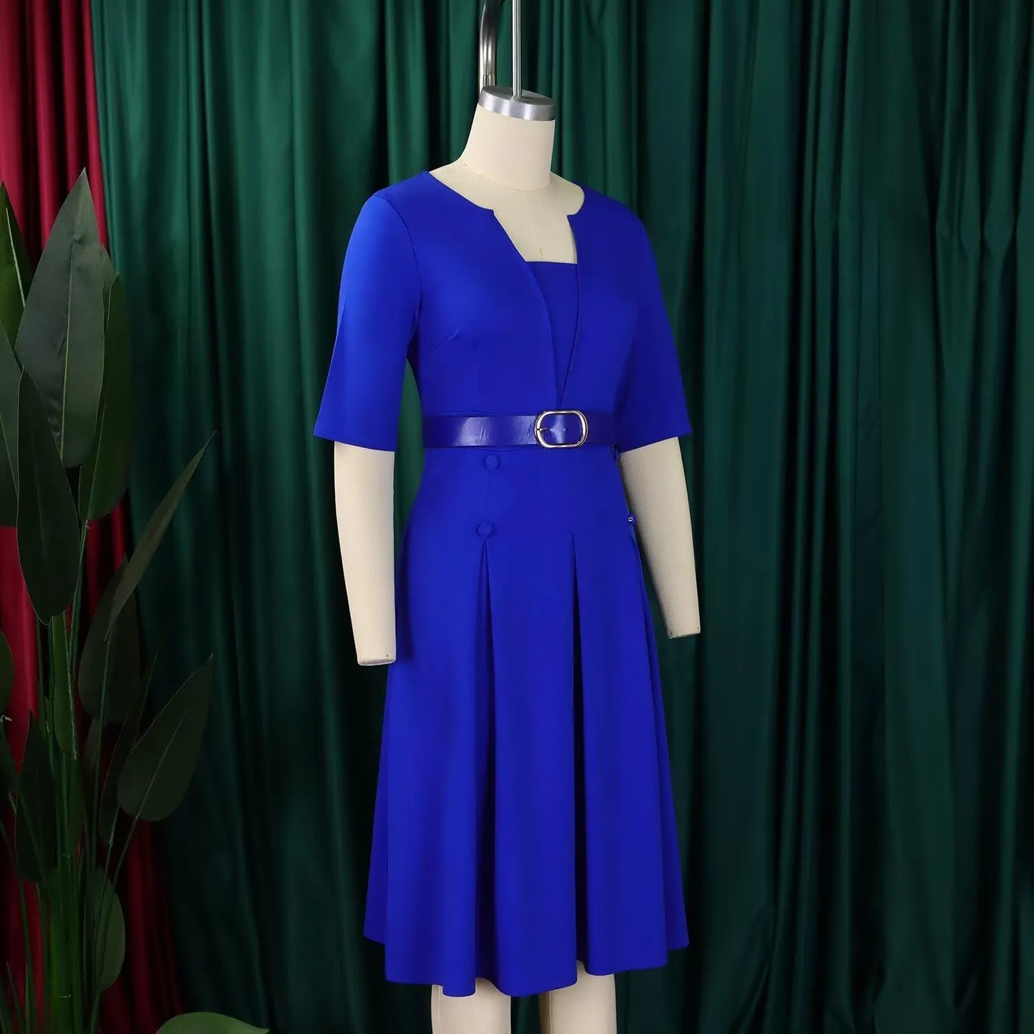 Half Sleeve Midi Dresses for Women 2025 Fashion Solid Color Pleated Dress Casual Plus Size V Neck Dress