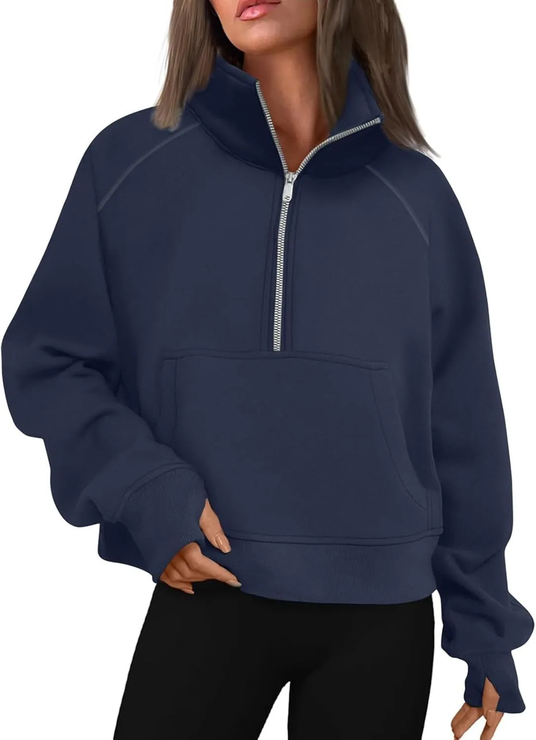 Half Zip Pullover Women Fall Fleece Oversized Sweatshirt Trendy 1/4 Zip Hoodie Y2k Cropped Sweater with Thumb Hole