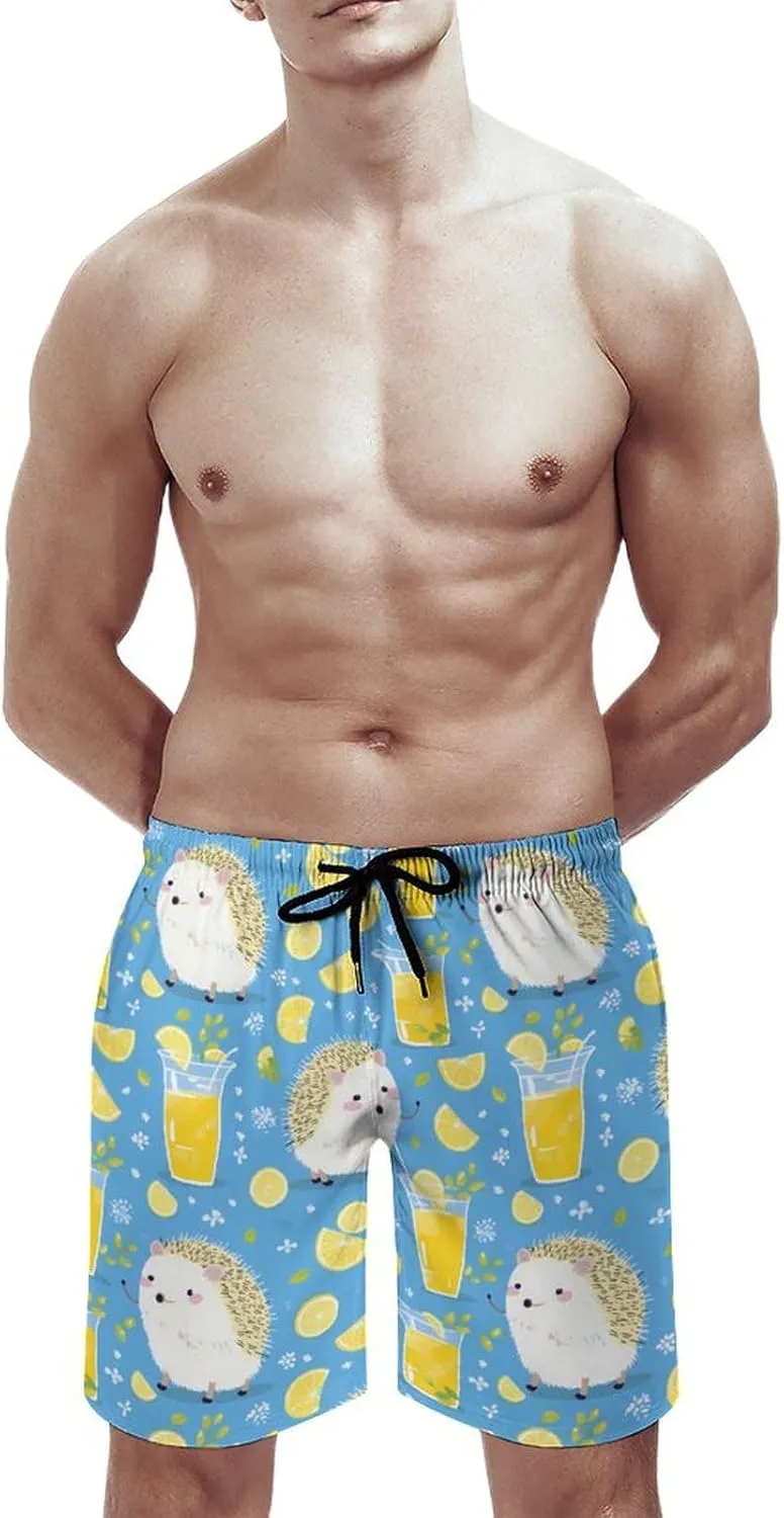 Hedgehogs Lemon Drinks Men's Swim Trunks Quick Dry Bathing Suit Swimming Board Shorts Beach Swimwear