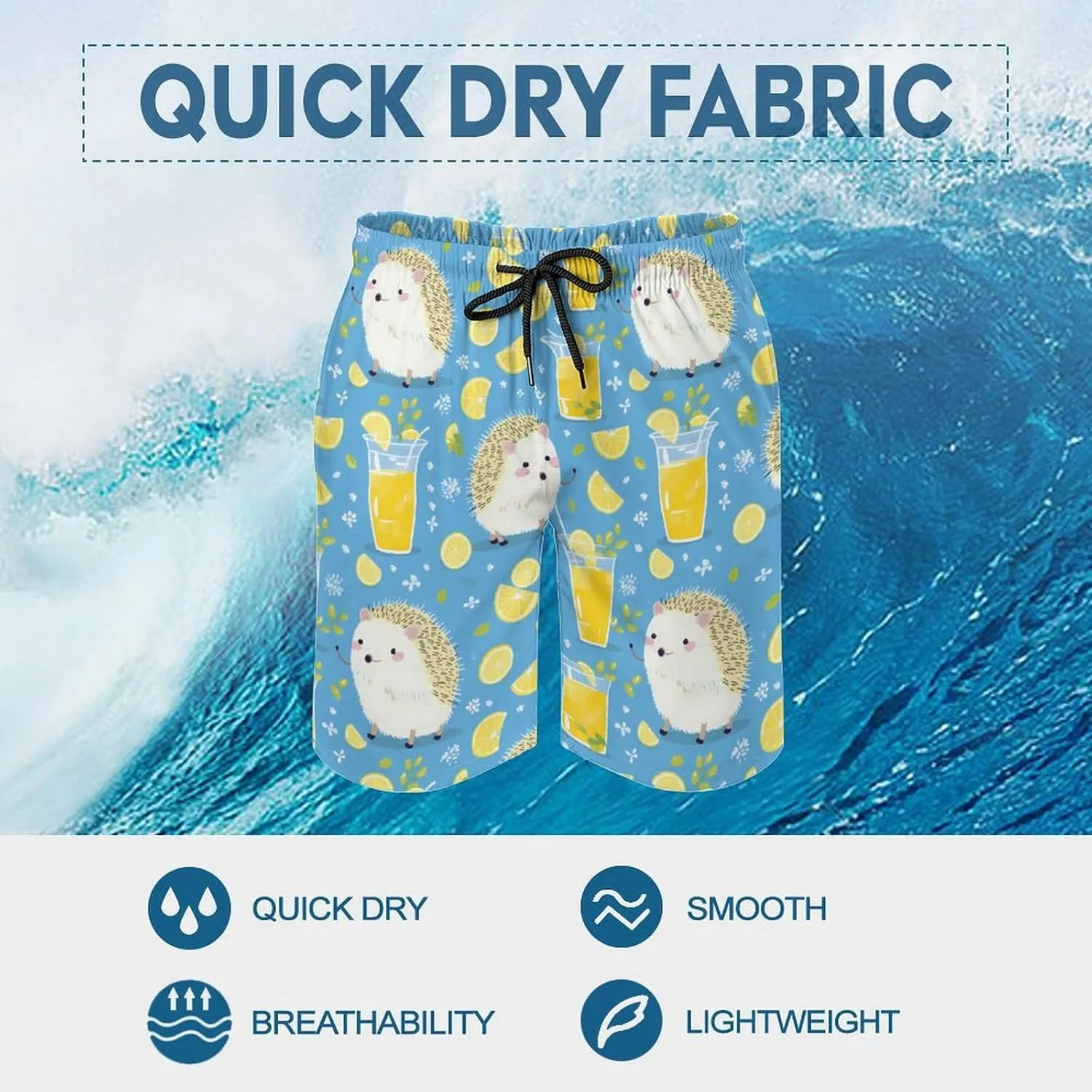 Hedgehogs Lemon Drinks Men's Swim Trunks Quick Dry Bathing Suit Swimming Board Shorts Beach Swimwear