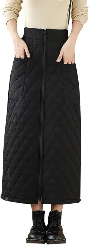 HGps8w Women's Zip Front Winter Quilted Skirt, Elastic High Waist Casual Insulated Thicken Warm Maxi Down Skirts with Pockets