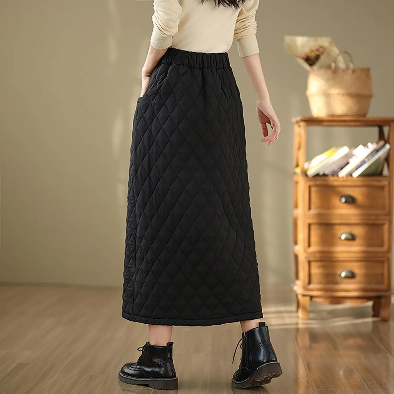 HGps8w Women's Zip Front Winter Quilted Skirt, Elastic High Waist Casual Insulated Thicken Warm Maxi Down Skirts with Pockets