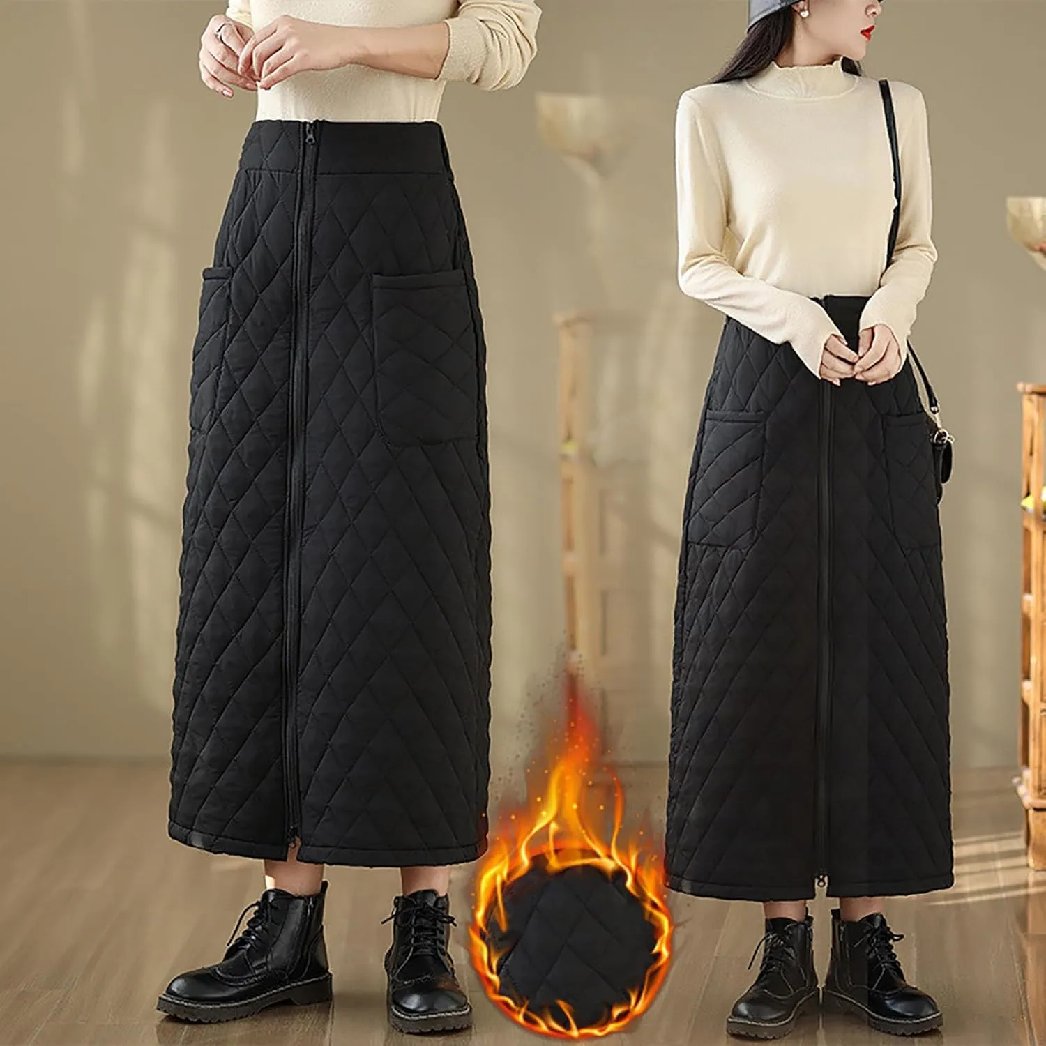 HGps8w Women's Zip Front Winter Quilted Skirt, Elastic High Waist Casual Insulated Thicken Warm Maxi Down Skirts with Pockets
